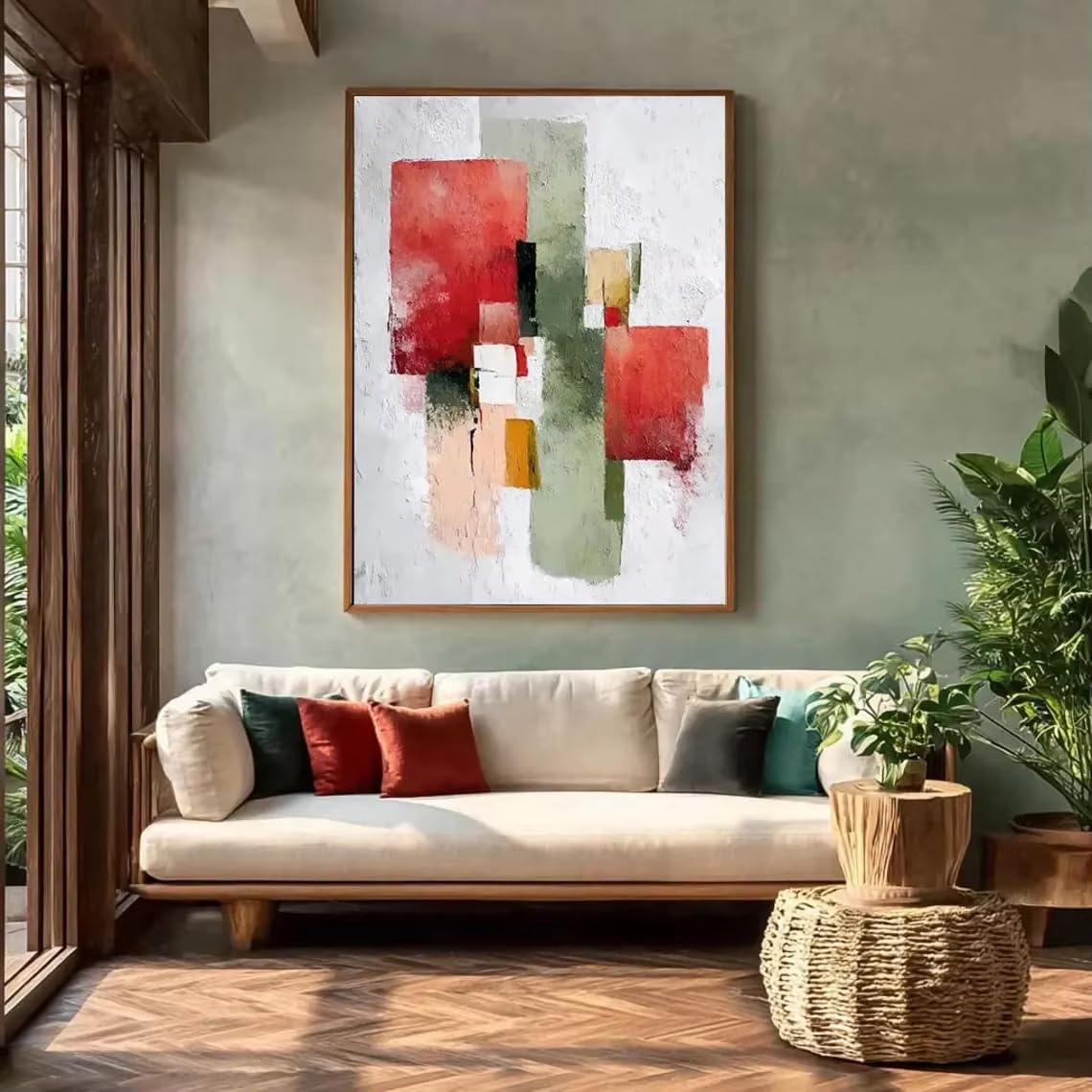 IHHGNB Red & Green Abstract Painting on Canvas, Textured Wall Art, Minimalist Geometric Painting, Contemporary Wall Pictures(40x60cm(16x24in)/No frame)