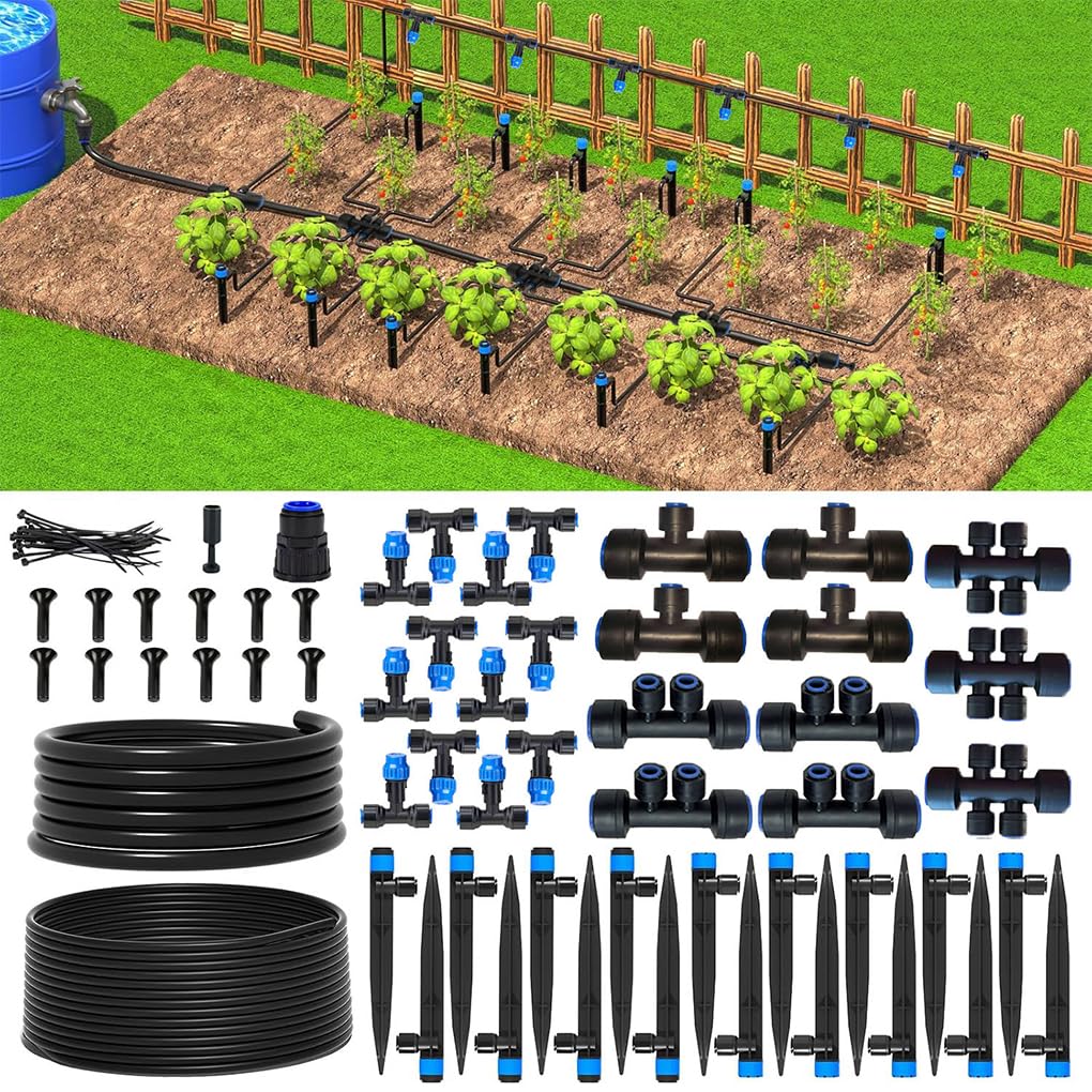 Pacchetto di irrigazione a goccia integrato con tubo da 75 piedi completo di componenti, ugelli nebulizzatori progettati per gli appassionati giardinaggio, raccordi a T collegamento rapido e