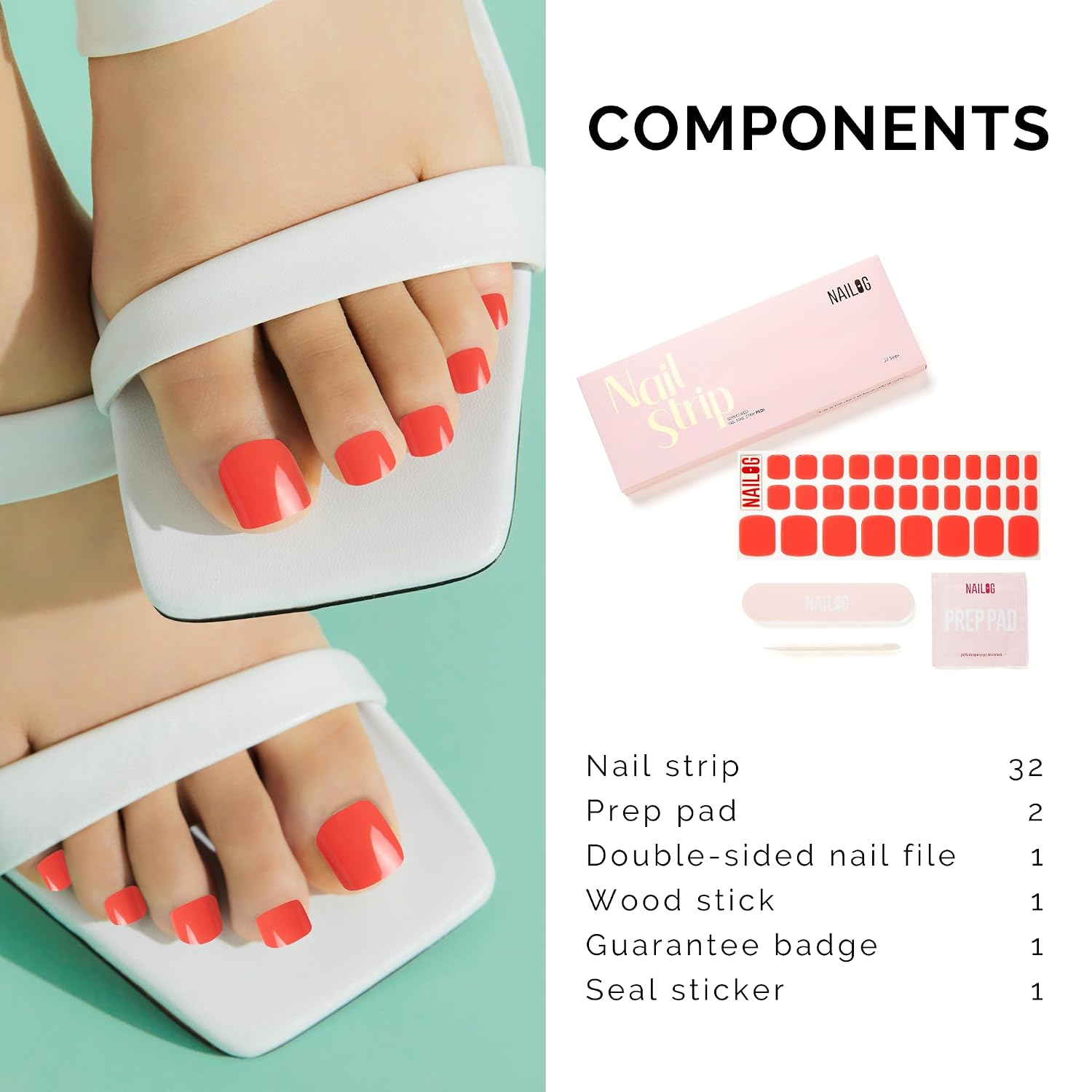 NAILOG Watermelon Red Semi Cured Gel Nail Strips Toes - 32 Pcs Extra Long Pedicure Nail Stickers with Glossy Gel Finishing for Summer