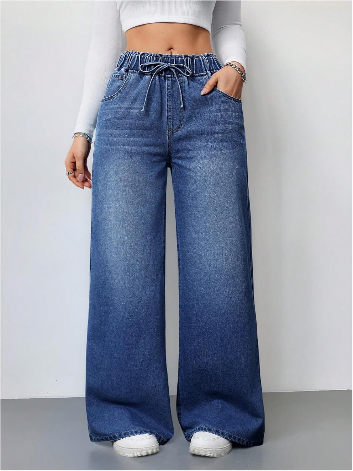 GORGLITTER Women's Baggy Wide Leg Jeans Elastic High Waisted Denim Pants Casual Bottoms with Pockets Dark Wash Medium - Image 5