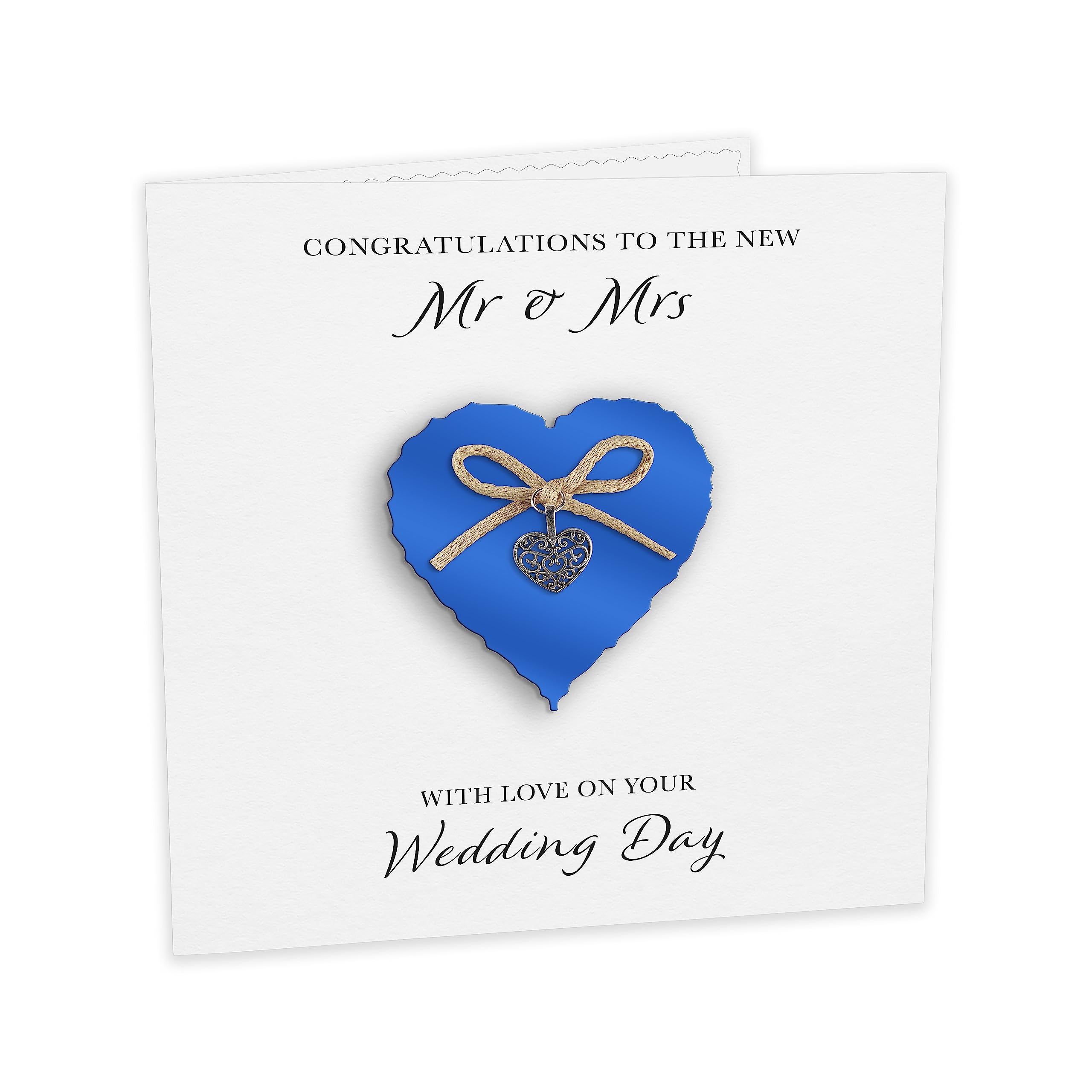 Wedding Day Card "Heart Charm & Bow" - Handmade UK (Sapphire Heart, White Cardstock) - Image 2