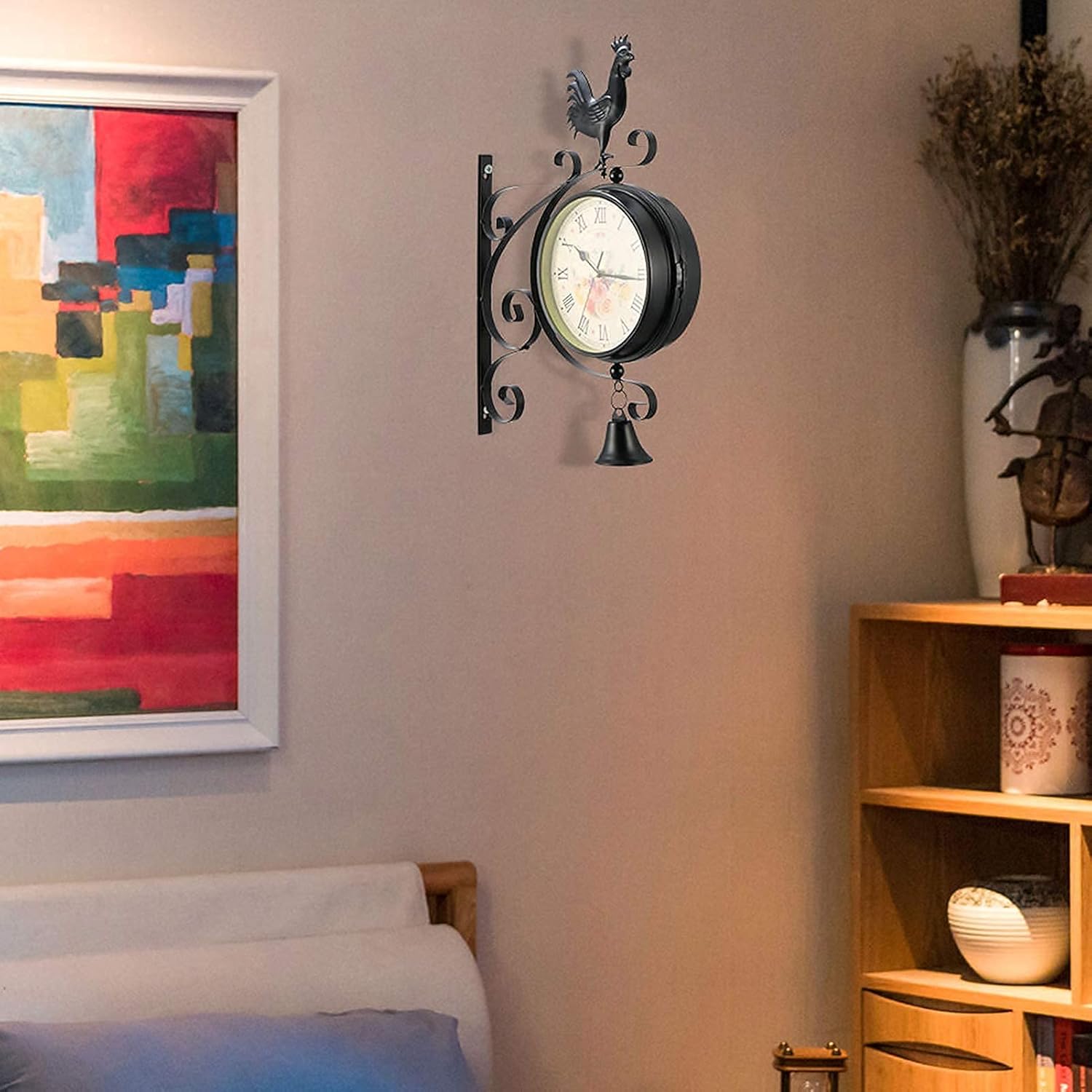 Wall Clock, Garden Retro Clocks Outdoor, Double Sided Wall Clock Train Station Clock, Grand Vintage Station Wall Clock with Bracket, Indoor Hanging Decor Stand Clock