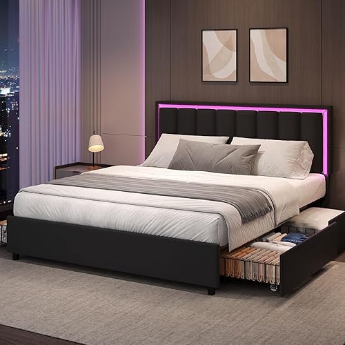 Base de cama tamaño Queen con 4 cajones de almacenamiento, marco de cama tapizado con cabecero, luces LED RGB, marco de metal resistente y soporte
