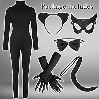 Halloween Black Catsuit Costume for Women Jumpsuit Onepiece with Headband Glove bow tie Tail