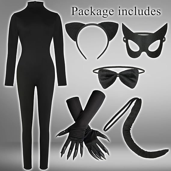 Halloween Black Catsuit Costume for Women Jumpsuit Onepiece with Headband Glove bow tie Tail