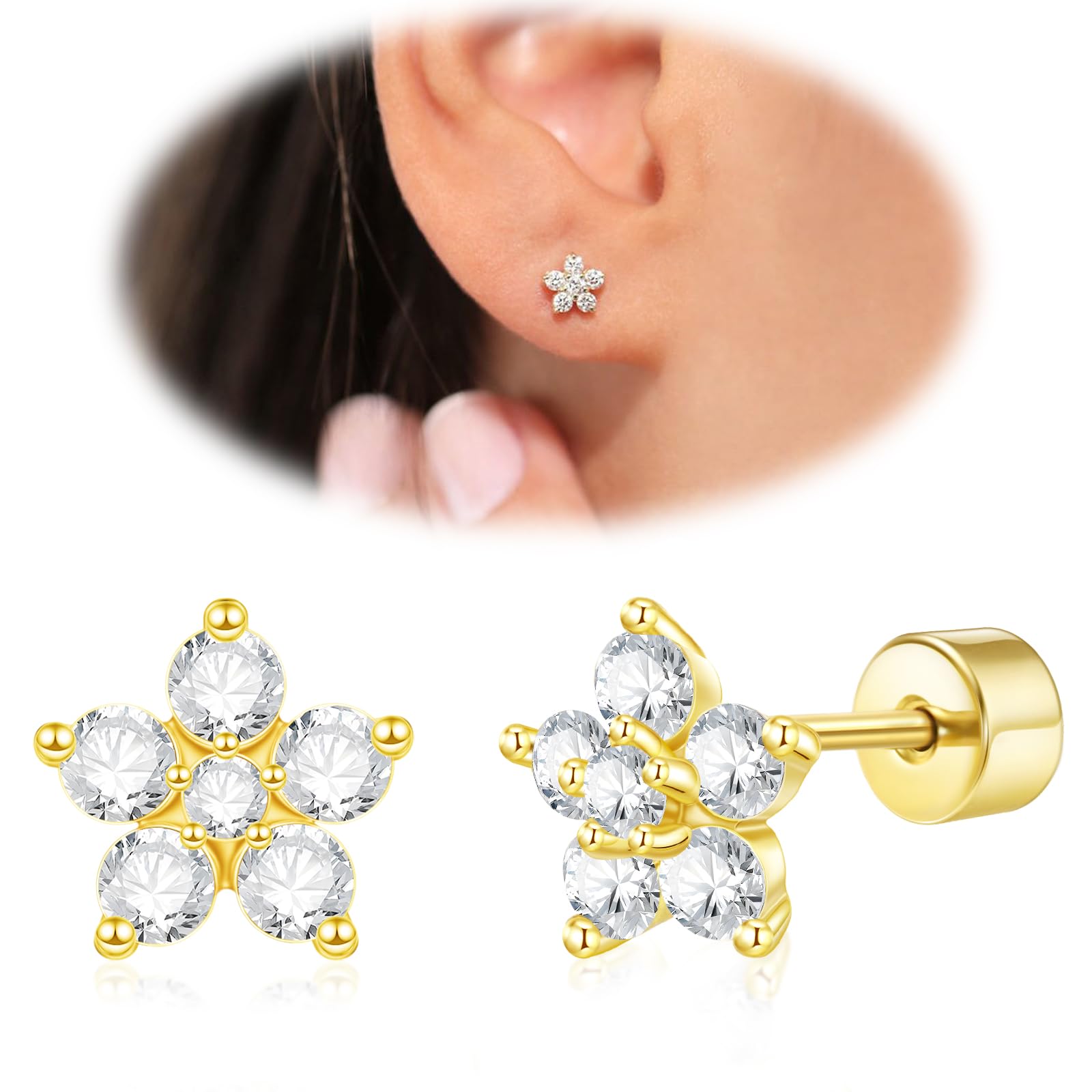DAI JYCartilage Screw Back Earrings for Women, Flat Back Earrings Sterling Silver Hypoallergenic Earrings for Girls Conch Helix Piercing Jewelry Crawler Butterfly Flower Stud Earrings