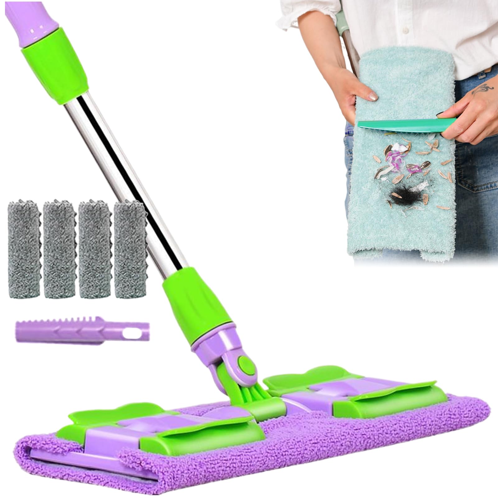 Fregona para Suelo Mango telescópico Giratorio 360 Grados e Incluye | Mopa para seco y húmedo con 4 almohadillas lavables Fregona para cocina, baño, garaje, exterior, baldosas y