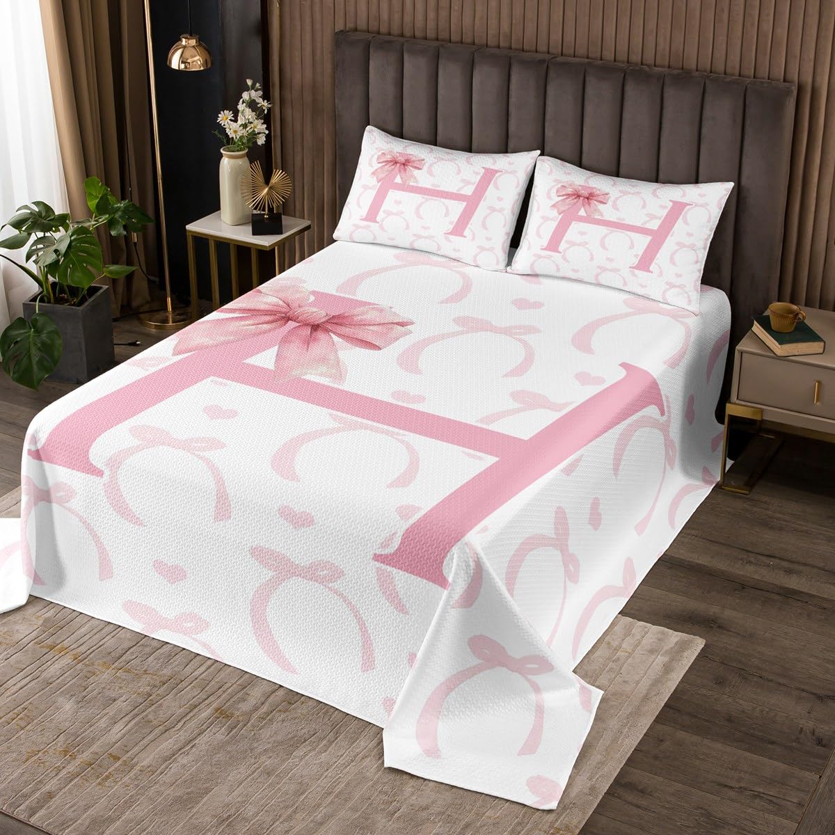 Manfei Bow Letter H Bedspread Queen Size, Kawaii Pink Bow Tie Coverlet Set 3pcs, Cute Cartoon Bowknot Girly Quilted Coverlet with 2 Pillowcases, Kids Girls Princess Room Decor, Soft Bedding Quilt