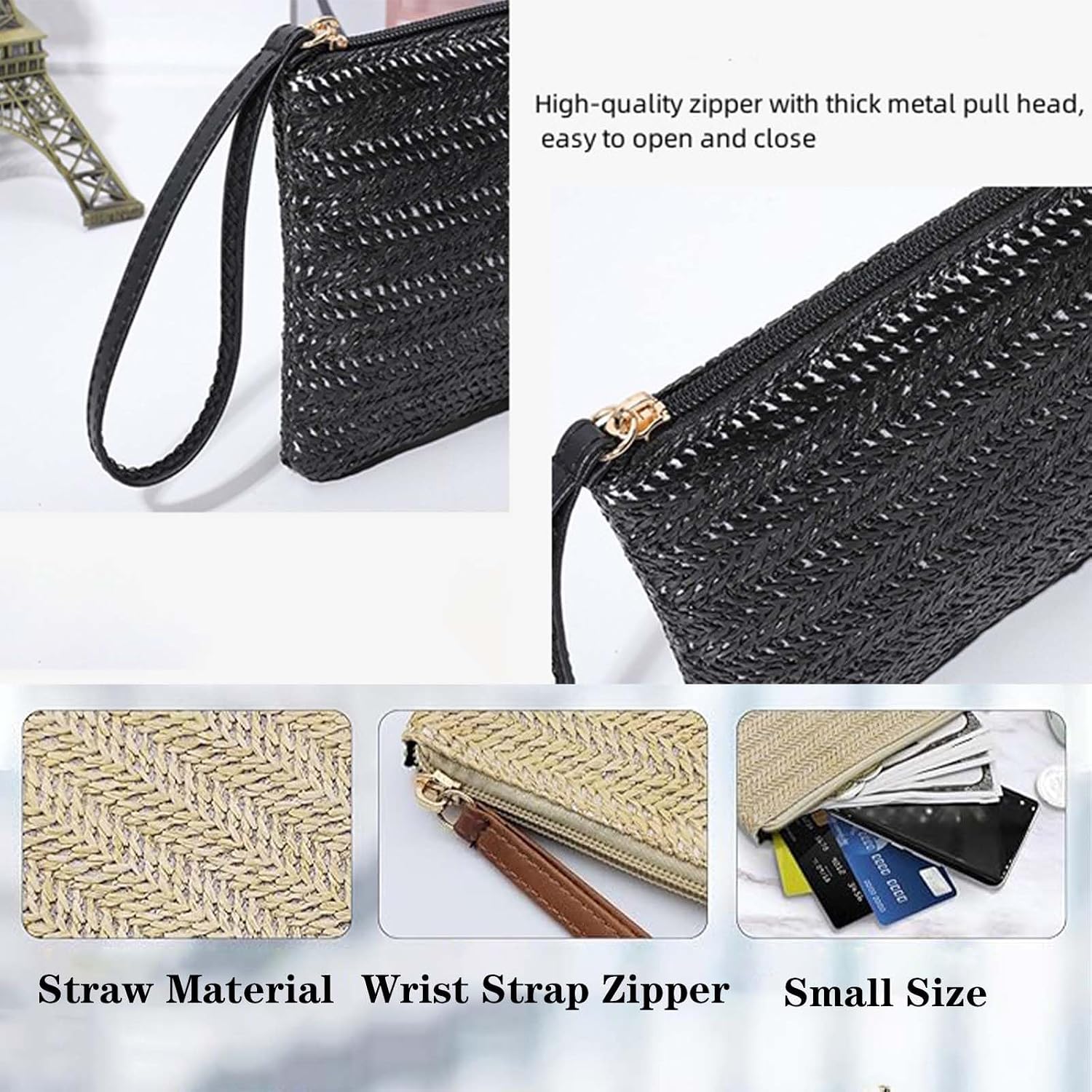 Womens Wallet Straw Wristlets Purse with Wrist Strap Zipper,Wristlets Wallets Slim Straw Wallet for Womens Girls