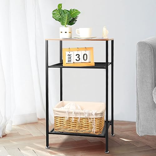 XASERDY Mesa auxiliar alta de 3 niveles mesa auxiliar con almacenamiento mesita de noche retro industrial mesita de noche con estante de