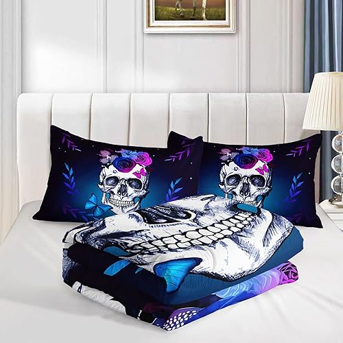 Miniatura 4 de Datura home Juego de ropa de cama con diseño de calavera gótica, diseño floral de muerte con 1 edredón y 2 fundas de almohada para niños y niñas,