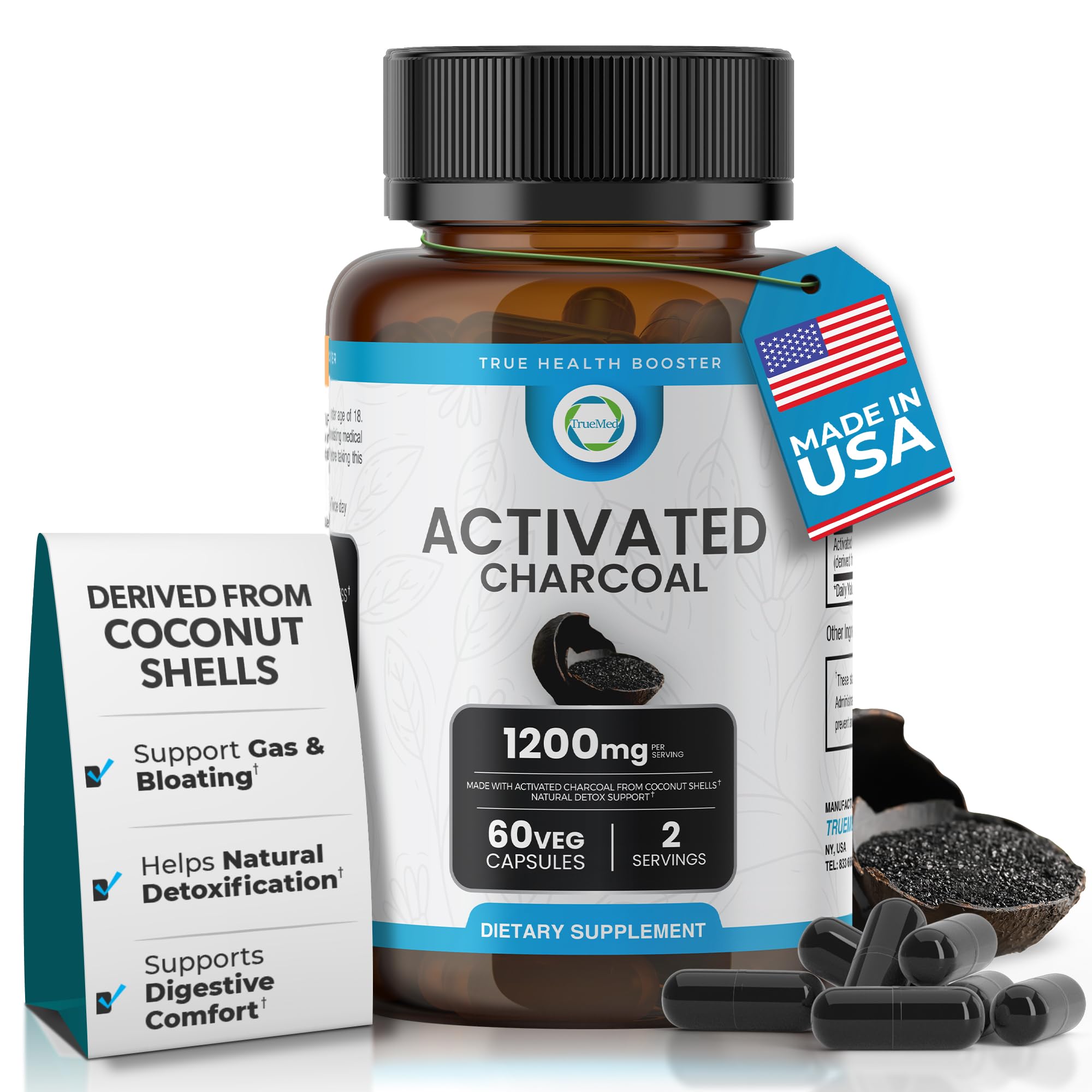 TRUEMED Activated Charcoal Capsules 1200 mg – Organic Activated Charcoal Pills Derived from Coconut Shells for Stomach & Digestive Support – Natural
