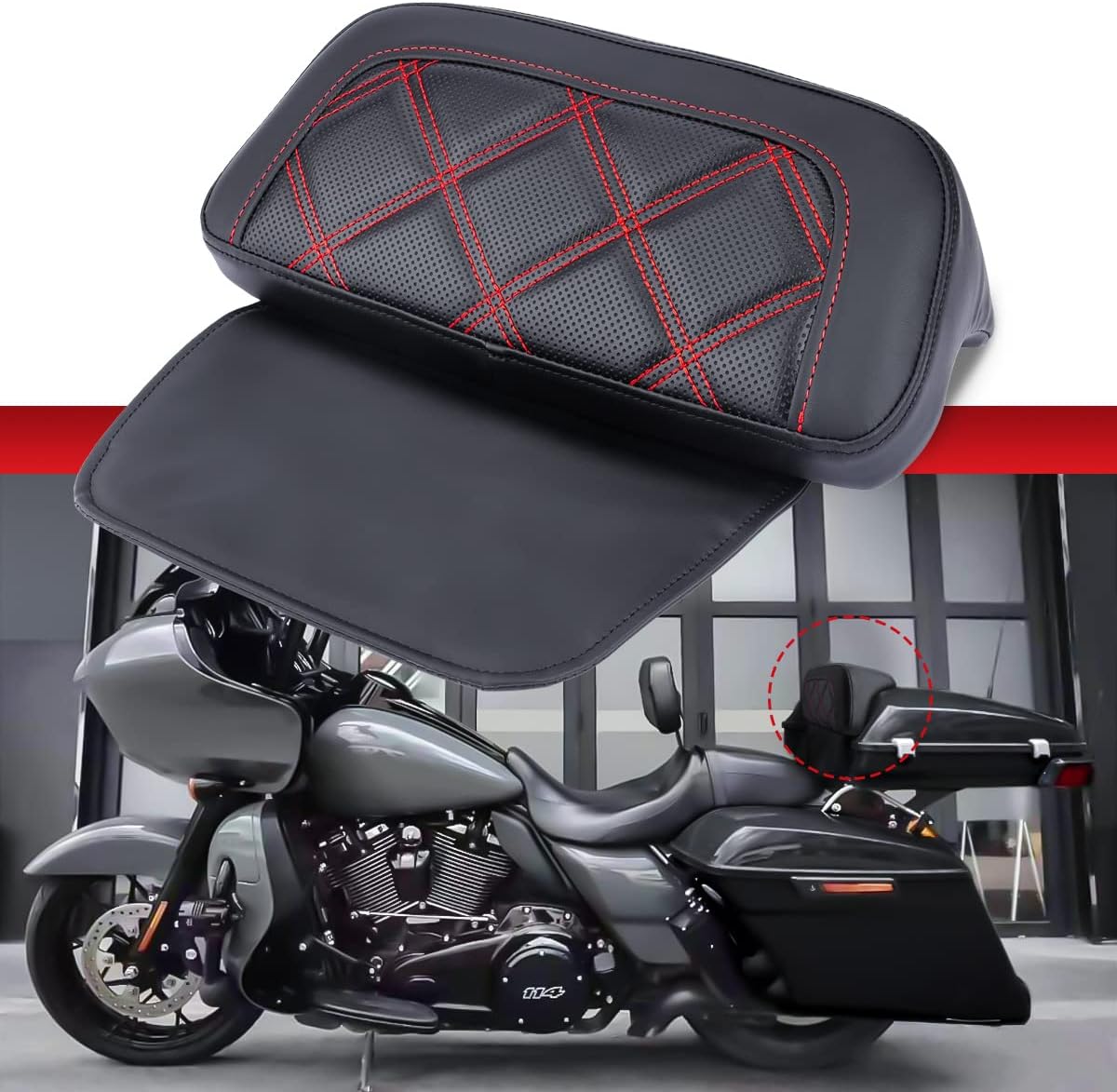Razor Chopped Backrest Pad, Trunk Backrest Pad Rear Tour Pack Backrest Pad Compatible with Harley 2014-2023 Touring Street Glide Electra Glide Road Glide CVO (Red Stitching A)