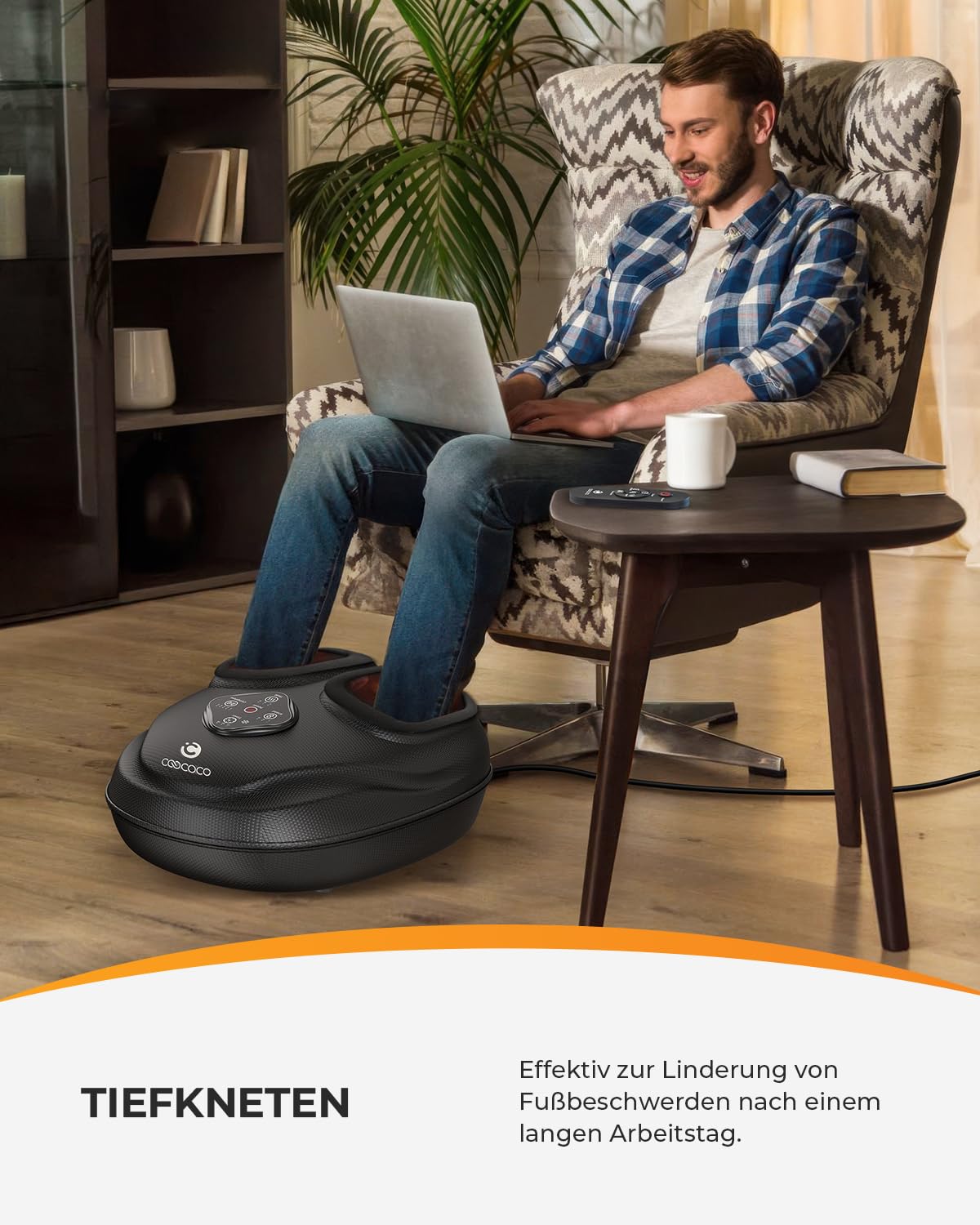 CooCoCo Fussmassagegerät Elektrisch mit Wärme & Fernbedienung, EU 36–47 | Shiatsu Fußmassagegerät mit Kompression, waschbare Innenbezüge, Geschenkidee für Frauen & Männer