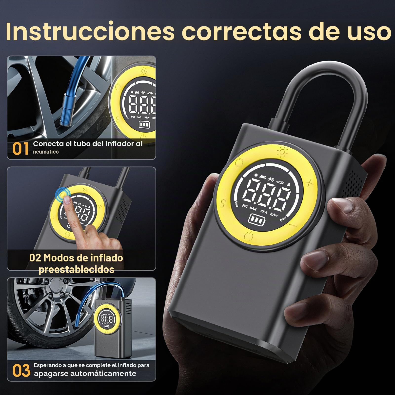 Compresor de aire portátil para neumáticos, bomba de aire inalámbrica de 150 PSI, inflador de neumáticos portátil con medidor de presión digital y luz LED
