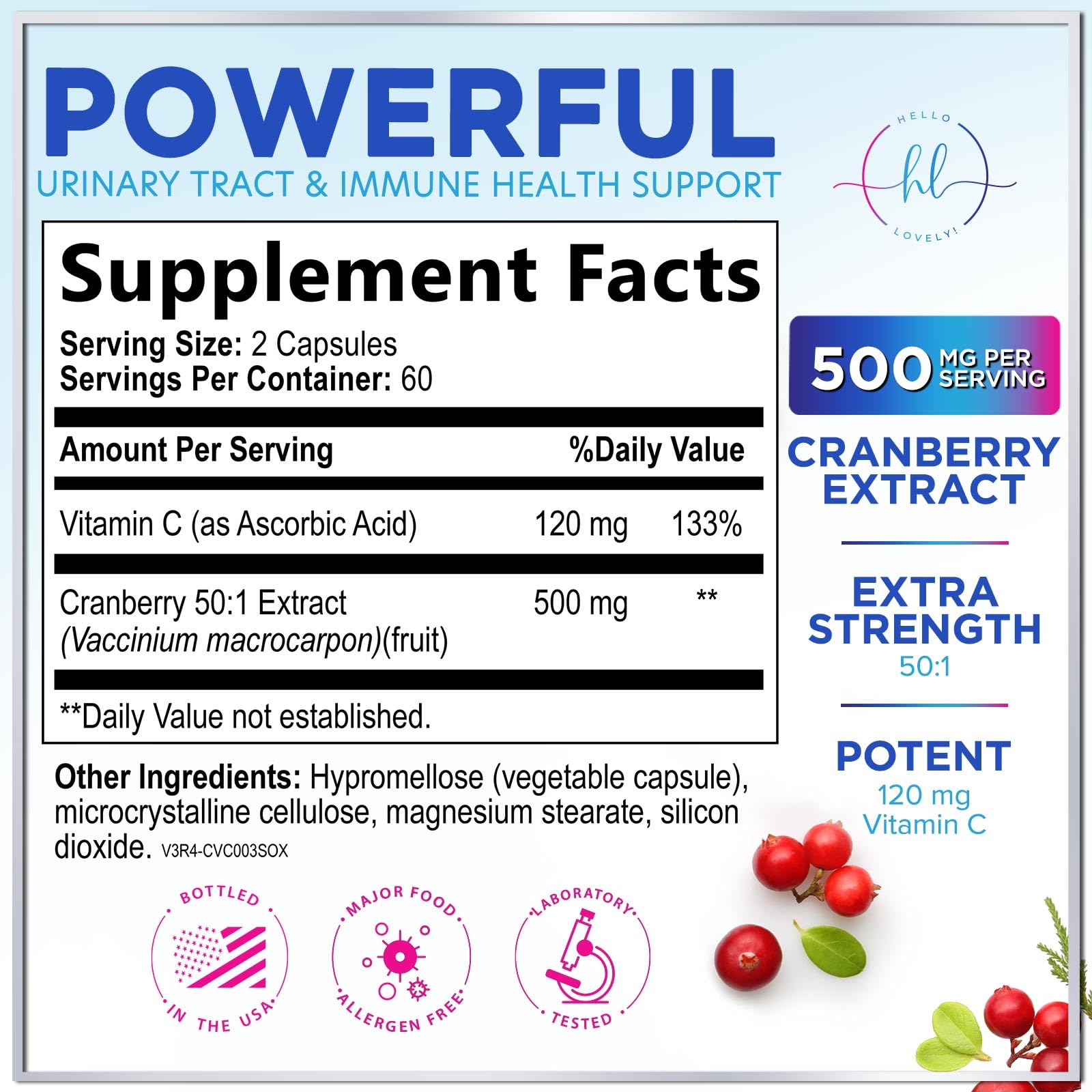 Cranberry Extract 500mg Supplement Pills - 3X Strength Concentrated Natural Whole Fruit Cranberry with Vitamin C, Triple Strength for Cleanse & Urinary Tract Health Support, Gluten Free - 120 Capsules — Amazon image 2