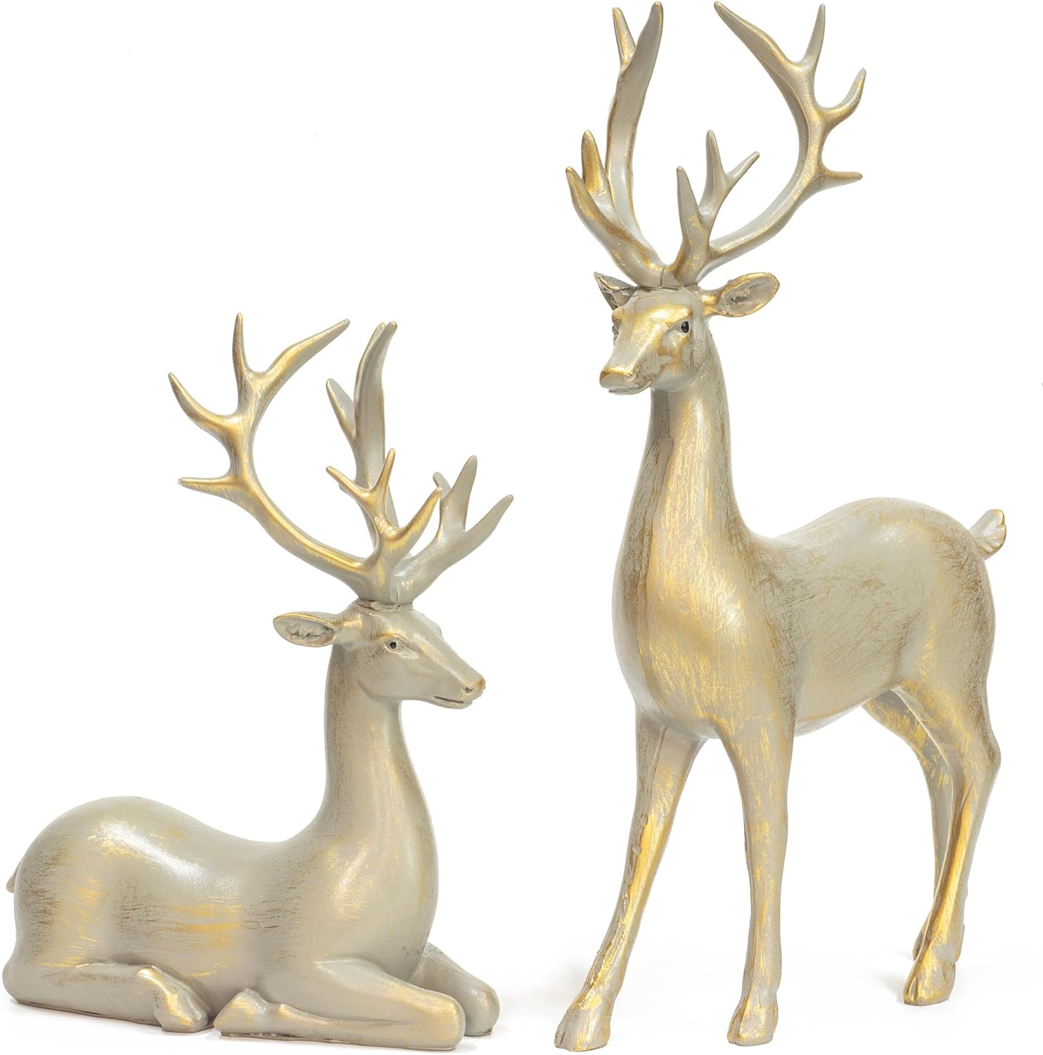 KI Store Resin Standing and Sitting Deer Figurine 12-Inch and 8.2-Inch Set of 2 Reindeer Decorations in Brass Finish for Christmas Decor Display Light black