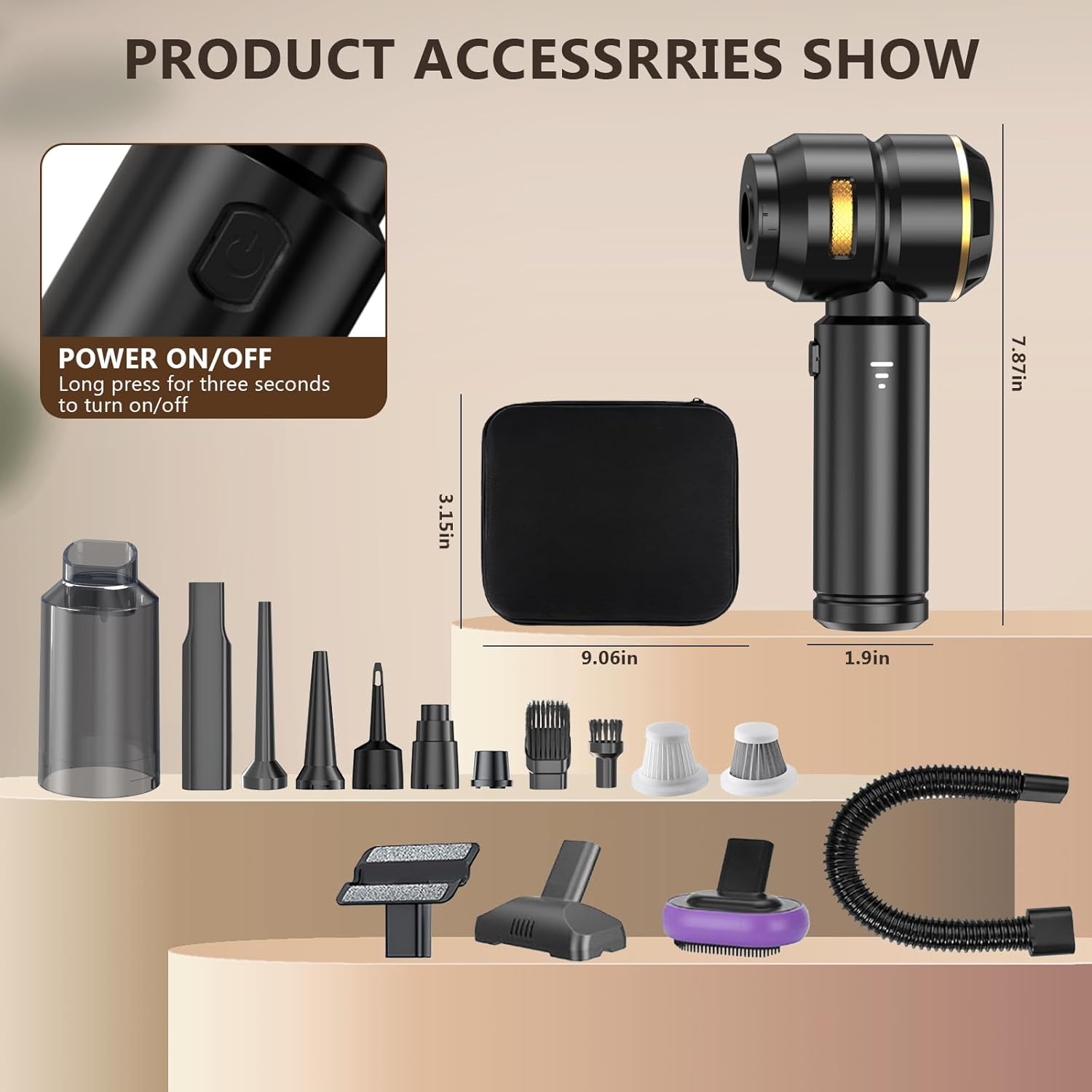 Cordless Handheld Car Vacuum, 22000Pa Strong Suction with Brushless Motor, HEPA Filter, Bonus Washable Metal Filter, 4-in-1 Kit with Air Blower, Type-C Rechargeable for Car Pet Home (Black)