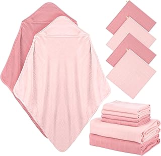 Preboun 6 Pcs Muslin Hooded Baby Towels and Washcloths 32"x 32" Cotton Newborn Bath Towel Anti-Shrink Infant Baby Blankets with Hood 12"x 12" Washcloths for Girl Boy Toddler(Pink,Dark Pink)