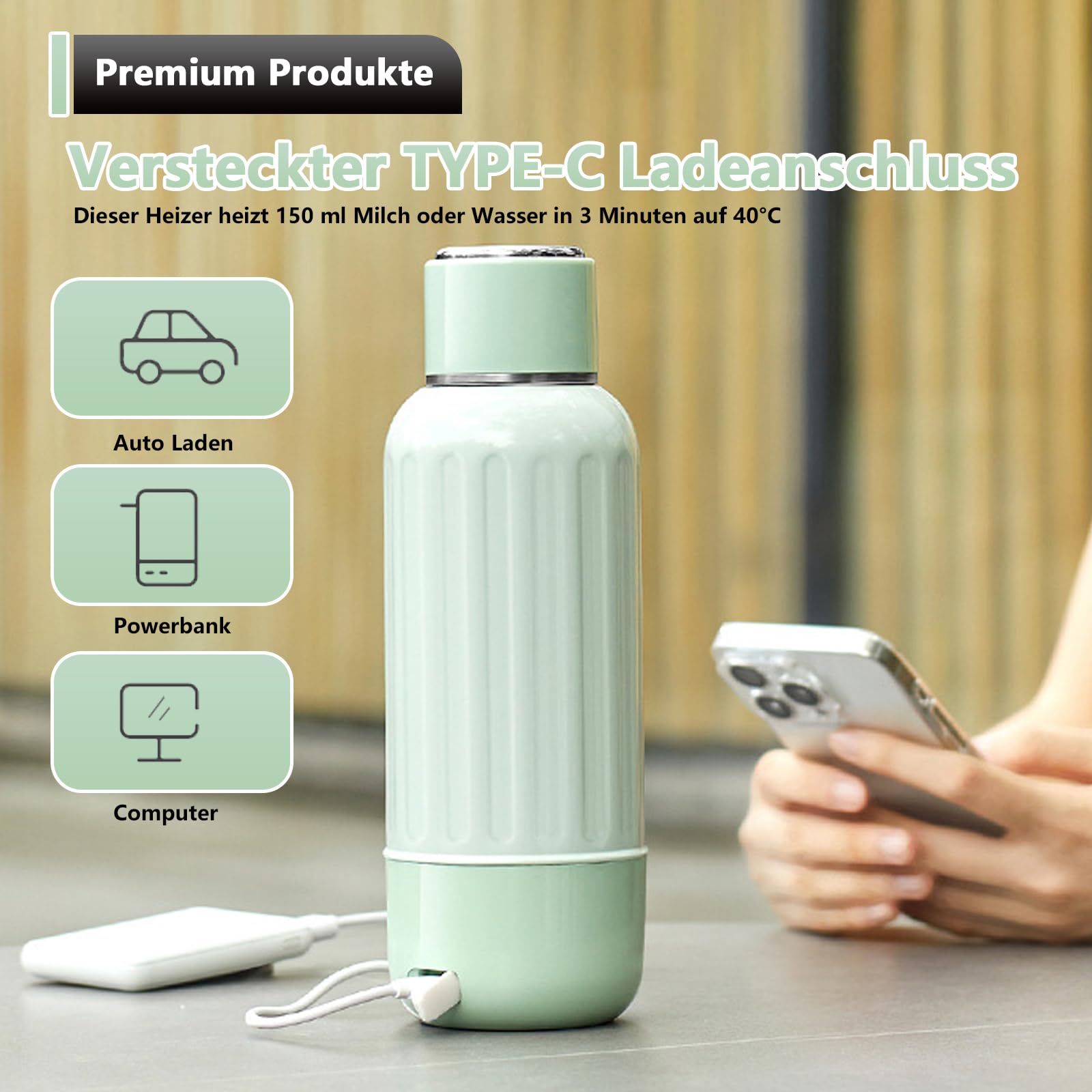 Tragbarer Flaschenwärmer Baby Unterwegs, Akku Thermoskanne 500ml, 37-55 °C Einstellbar, Mobiler Milchwärmer mit USB-C, 50W Schnelles Aufheizen für Auto, Reise, Muttermilch und Wasser