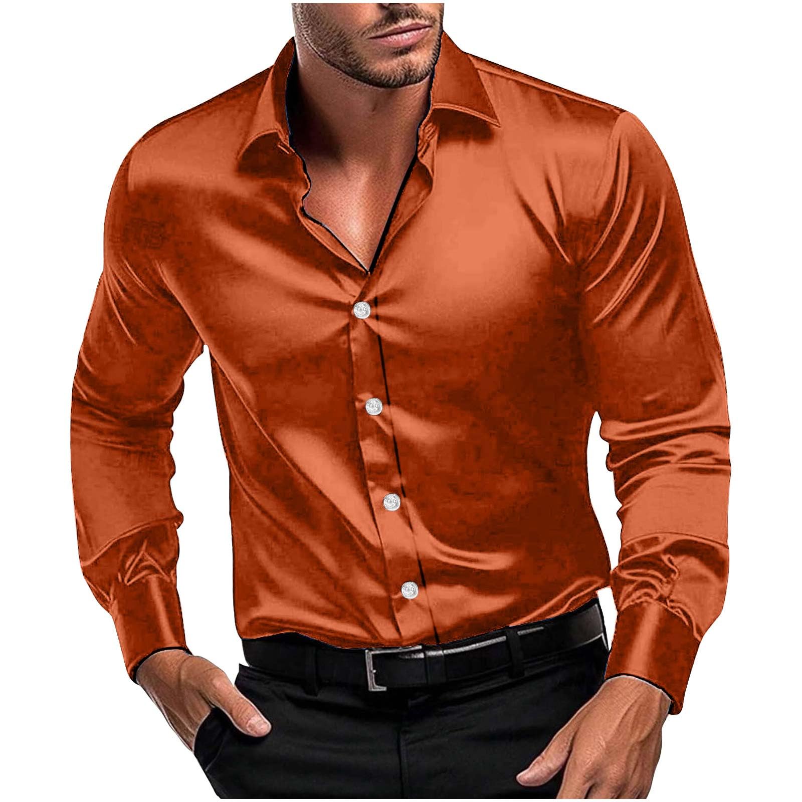 Men Long Sleeve Satin Dress Shirt Shiny Embroidery Silk Like Button Down Casual Luxury Prom Wedding Party Disco Solid