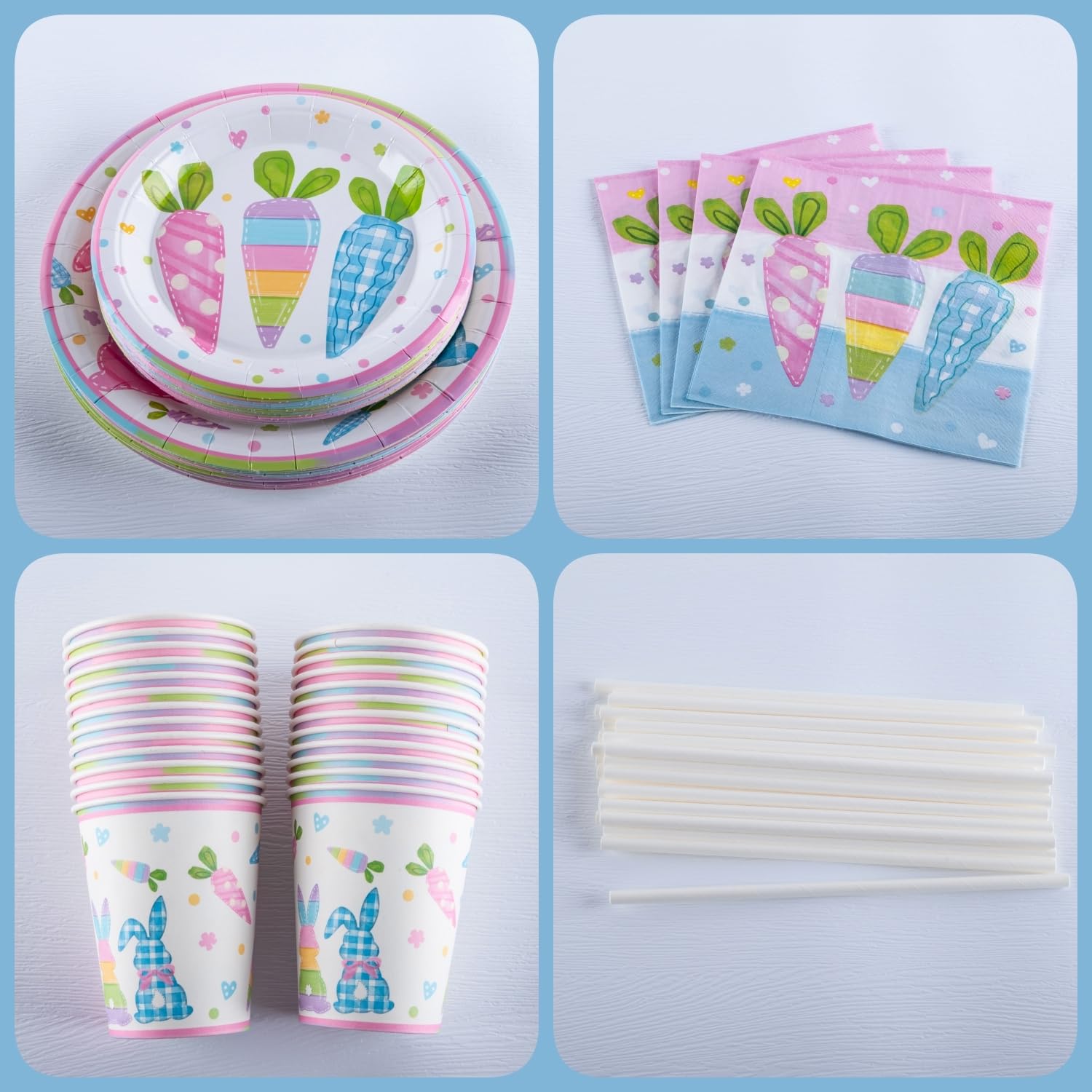 Set di Piatti, Tazze e Tovaglioli per 25 Ospiti, Stoviglie per Feste a Tema Coniglietto, Include Piatti di Carta (17,8 & 22,9 cm), Tazze, Tovaglioli, Cannucce, Ideale per Pasqua, Compleanno