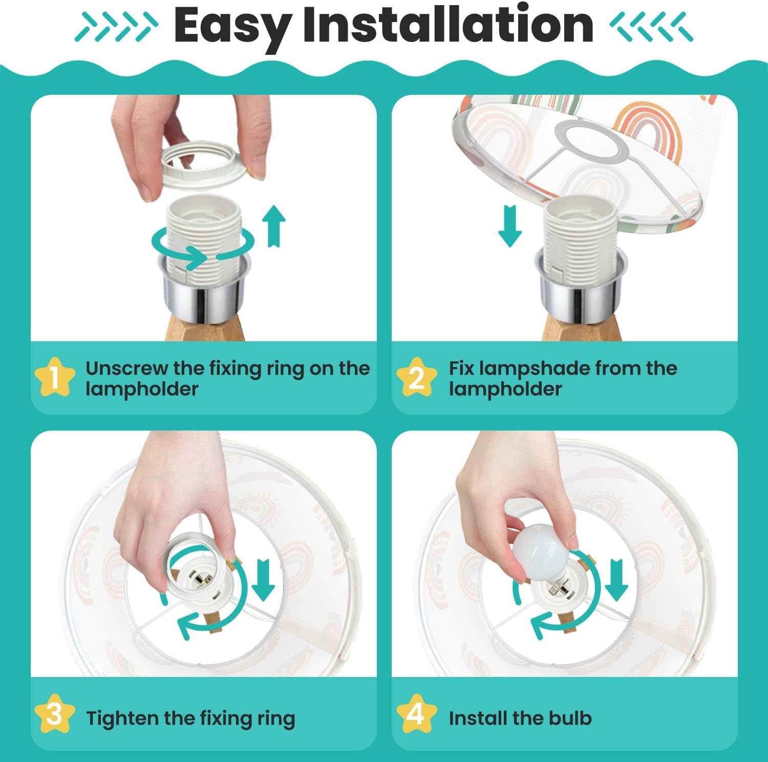 Tripod Bedside Desk Table Lamp Hand Drawn Boho Rainbows Cute Set Pastel Earthy Colors Isolated Wood Nightstand Lamp with Linen Fabric Shade for Nursery Bedroom Living Room Kids Room