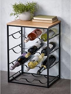 UK ONLINE DEALS Large Stylish Shelves Wine Rack 12 Bottles Holder Black Metal Frame with Oak Finish Top | Wine Rack Table | 4 Tier Home Bar Unit | Heavy Duty Drinks Cabinets | W40 x D26 x H60 cm