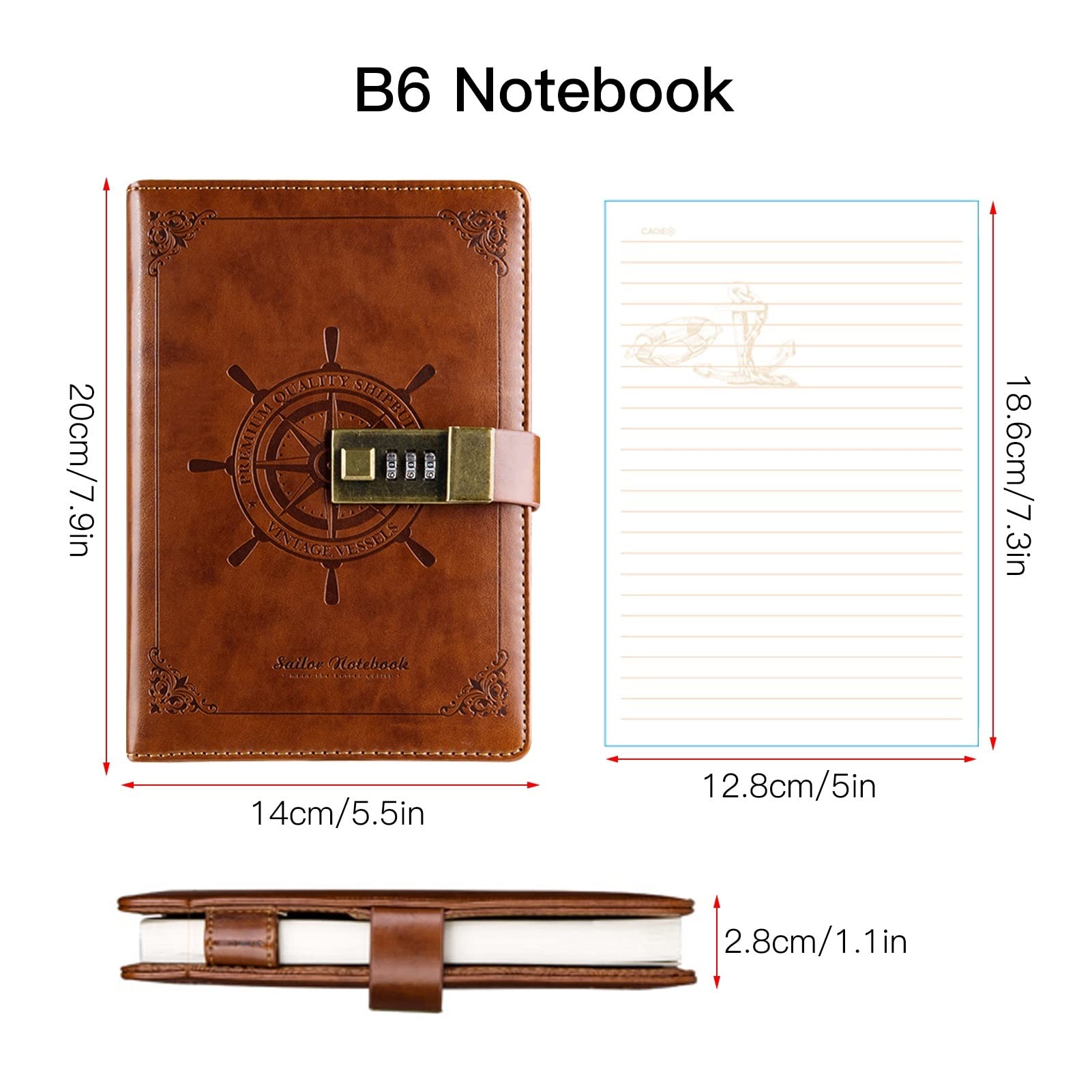 Notizbuch,für Männer und Frauen Tragbares Vintage-Muster. Pu. Leder-Notebook-Tagebuch-Notepad-Schreibwaren Reisejournal Tagebuch-Skizzenbücher, braun Schreiben und Notizen, Tagebuch, Notizheft