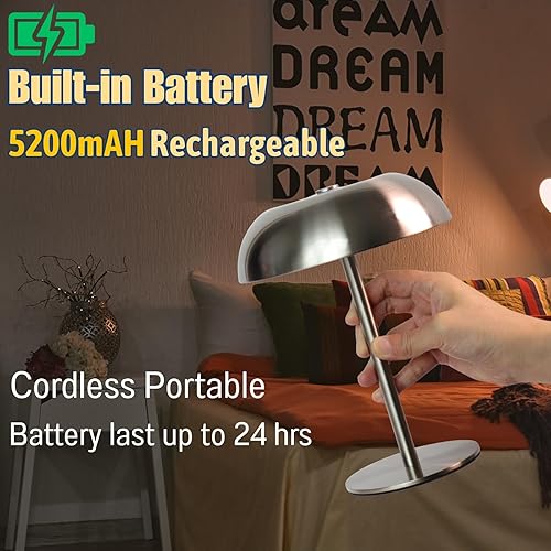 Miniatura 2 de Lámpara de mesa LED portátil con forma de hongo, luz de escritorio táctil inalámbrica con batería recargable de 5200 mAh, lámpara pequeña de