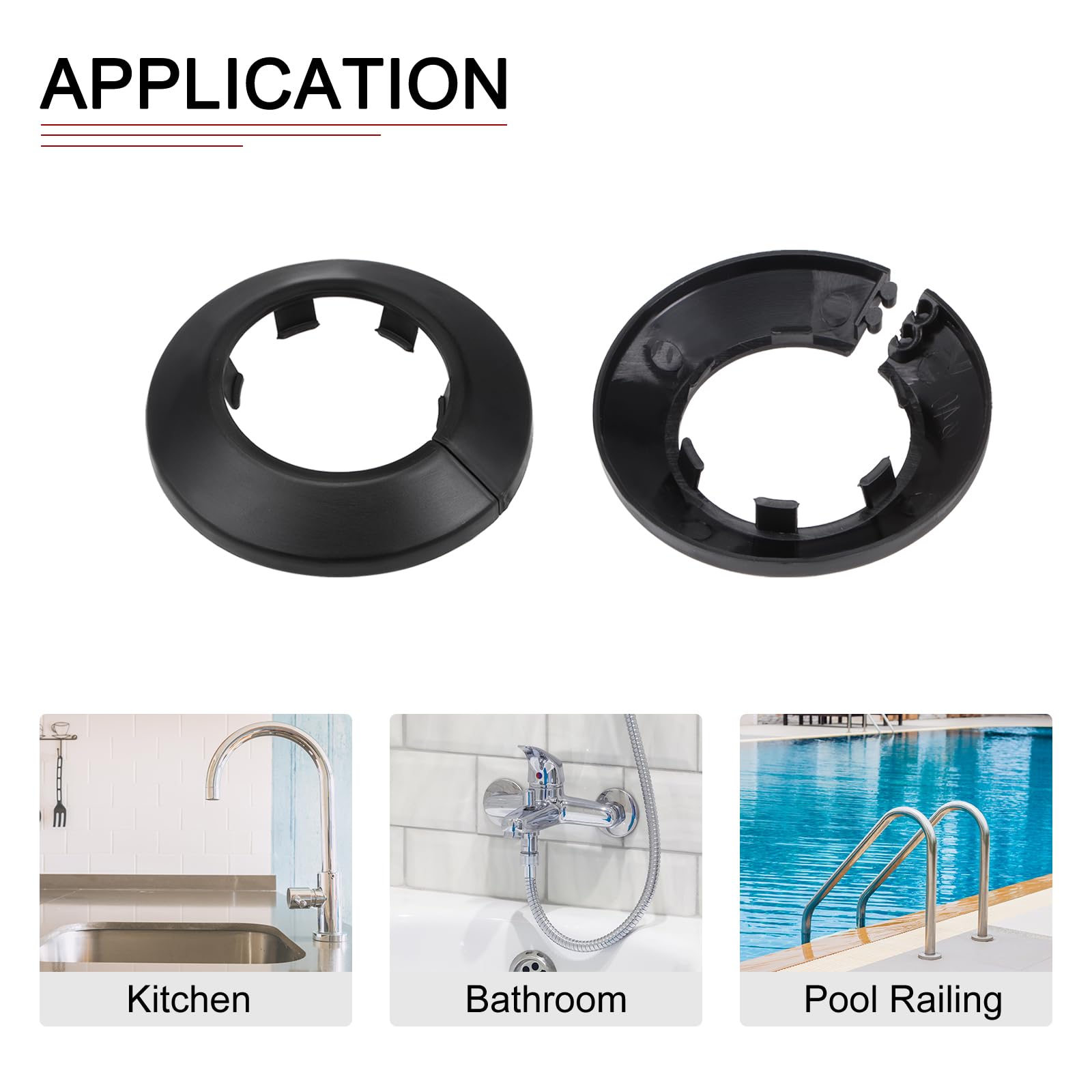 DTGN 72x13mm(DxT) Pipe Cover Decoration - 8Pack - Good for Bathroom Kitchen 40mm Dia Pipe - PP Plastic Escutcheon - Black - Image 4
