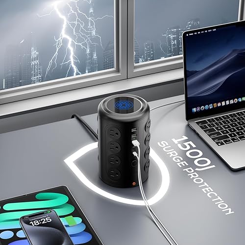 Miniatura 4 de Regleta de alimentación con protector de sobretensiones, cable de 10 pies, torre de alimentación vertical con 16 tomas de corriente y 5 puertos USB