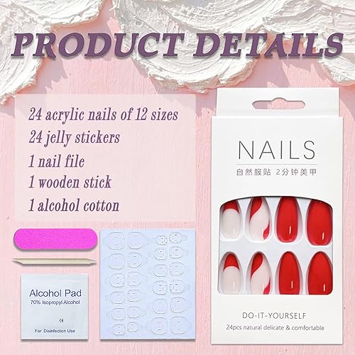 Miniatura 4 de Uñas postizas a presión medianas de almendra SWEKKE francesas, uñas postizas rojas de cobertura completa con diseños de remolinos, uñas postizas