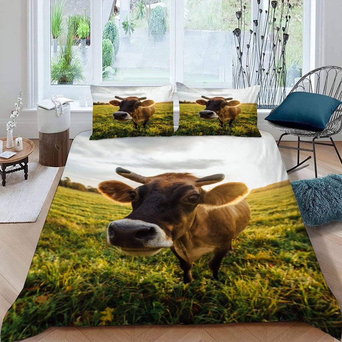RFFLUX 3D Cow Single Duvet Cover Set 3 Pieces 135x200 Soft Microfiber Farm Animals Cattle Quilt Cover with Zipper Closure Easy Care Bedding Set with 2 Pillowcase for Kids Boys Girls Teens — image 1