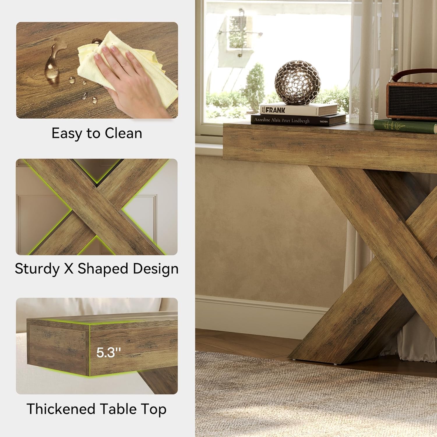 Tribesigns Consola Estrecha De 140 Cm, Estilo Rústico, para Entrada, Mesa De Centro En Forma De X Detrás del Sofá, Ideal para Salón, Entrada, Recibidor O Pasillo, Color Marrón Rústico