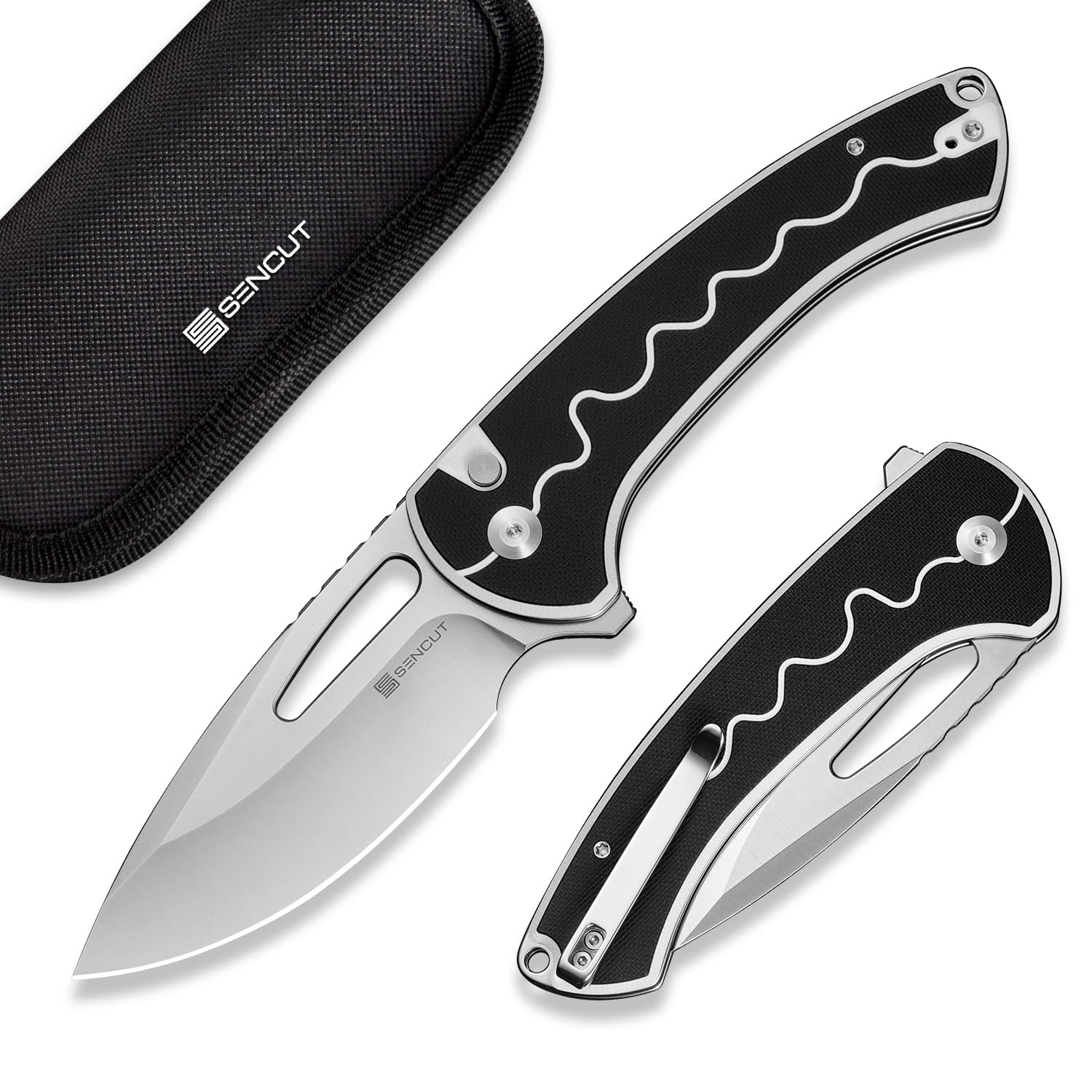 SENCUT Squiggy Pocket Knife, Camping Folding Knife with 3.89'' 9Cr18MoV Blade & G10 Handle, Reversible Clip for EDC Hiking S24082A-1 (White/Black)