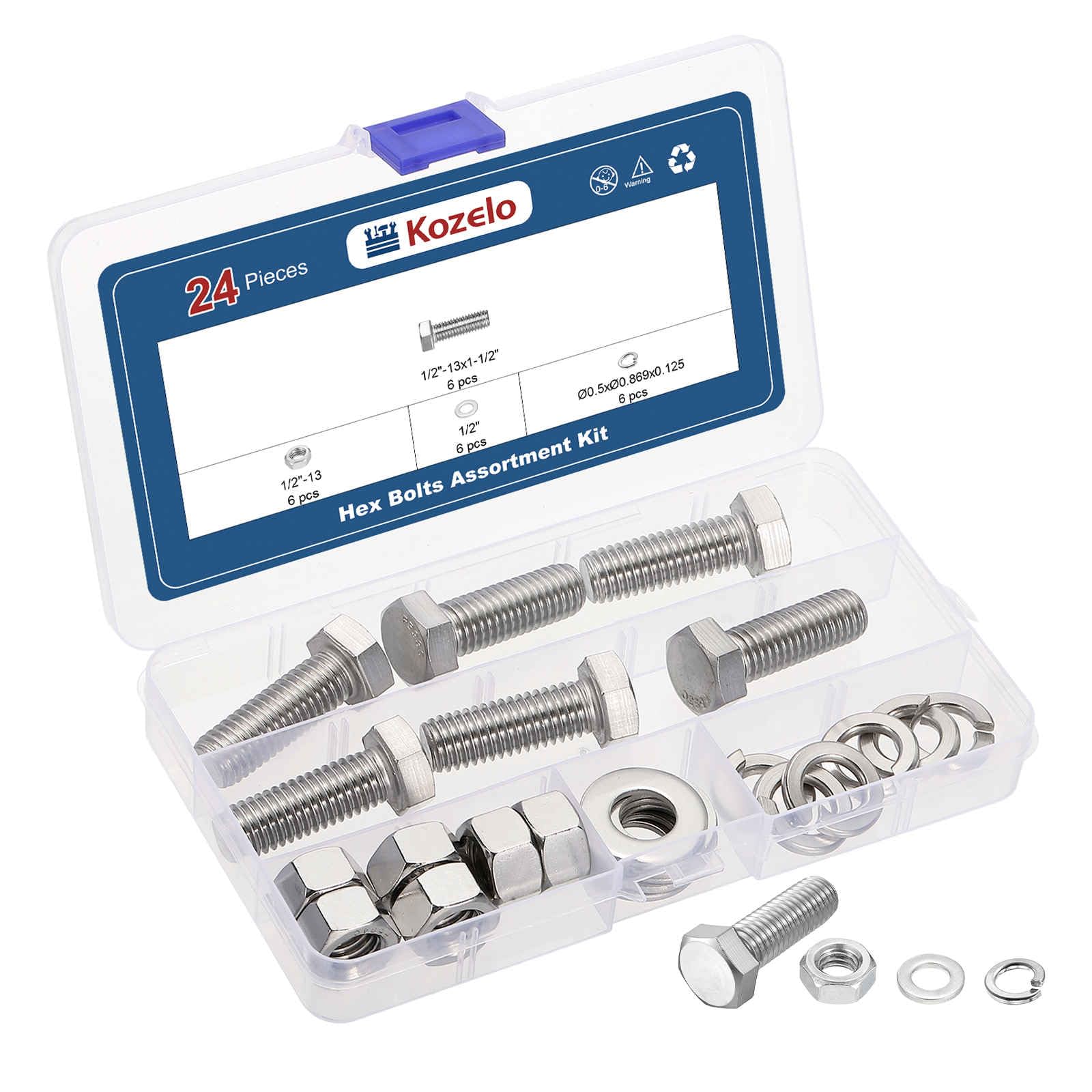 Kozelo 24 Pcs Bolts and Nuts Washers Kit - [1/2"-13x1-1/2"] 304 Stainless Steel Hex Tap Bolt Assortment Fully Threaded Hexagon Head Machine Bolts Right Hand, Silver Tone