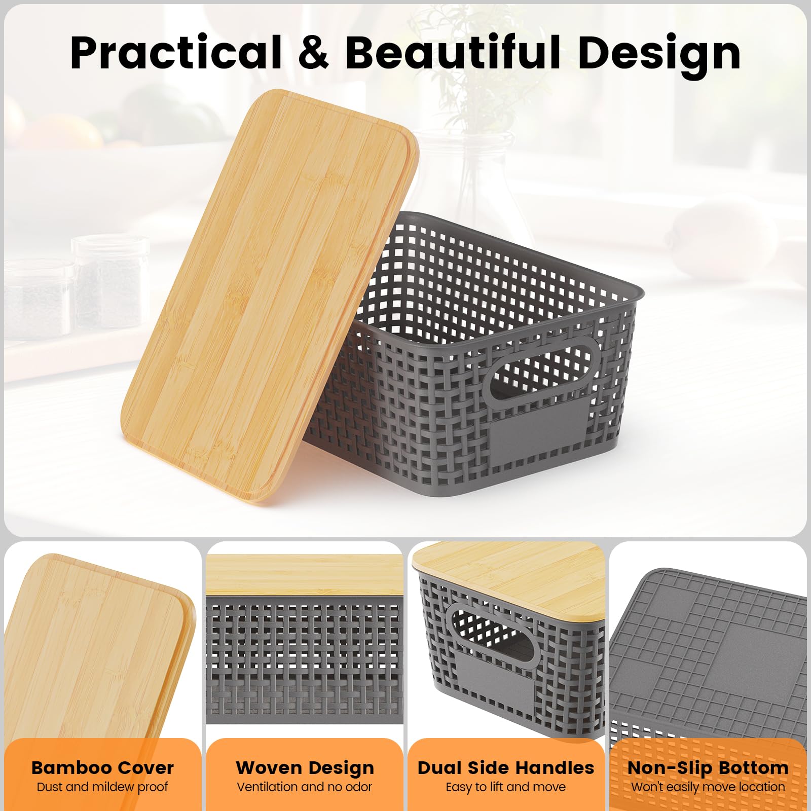Shrivee 6PCS 5L Cajas Almacenaje con Bambú Tapa Apilables Cesta de Almacenamiento para Baño Armarios Cocina Storage Ropa Zapatos Juguetes (Negro