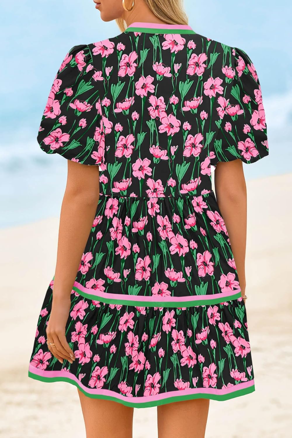 Cicy Bell Womens V Neck Floral Mini Dress Short Puff Sleeve Patchwork Summer Casual Boho Dresses - Image 3