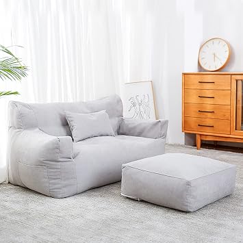 Sofa Lazy Sack Bean Bag Chair Cover with Footstool Cover & Comfortable Pillowcase Does not Contain Filler, Giant Bean Bag Sofa for Two People, for Kids, Adults, Couples,Gray