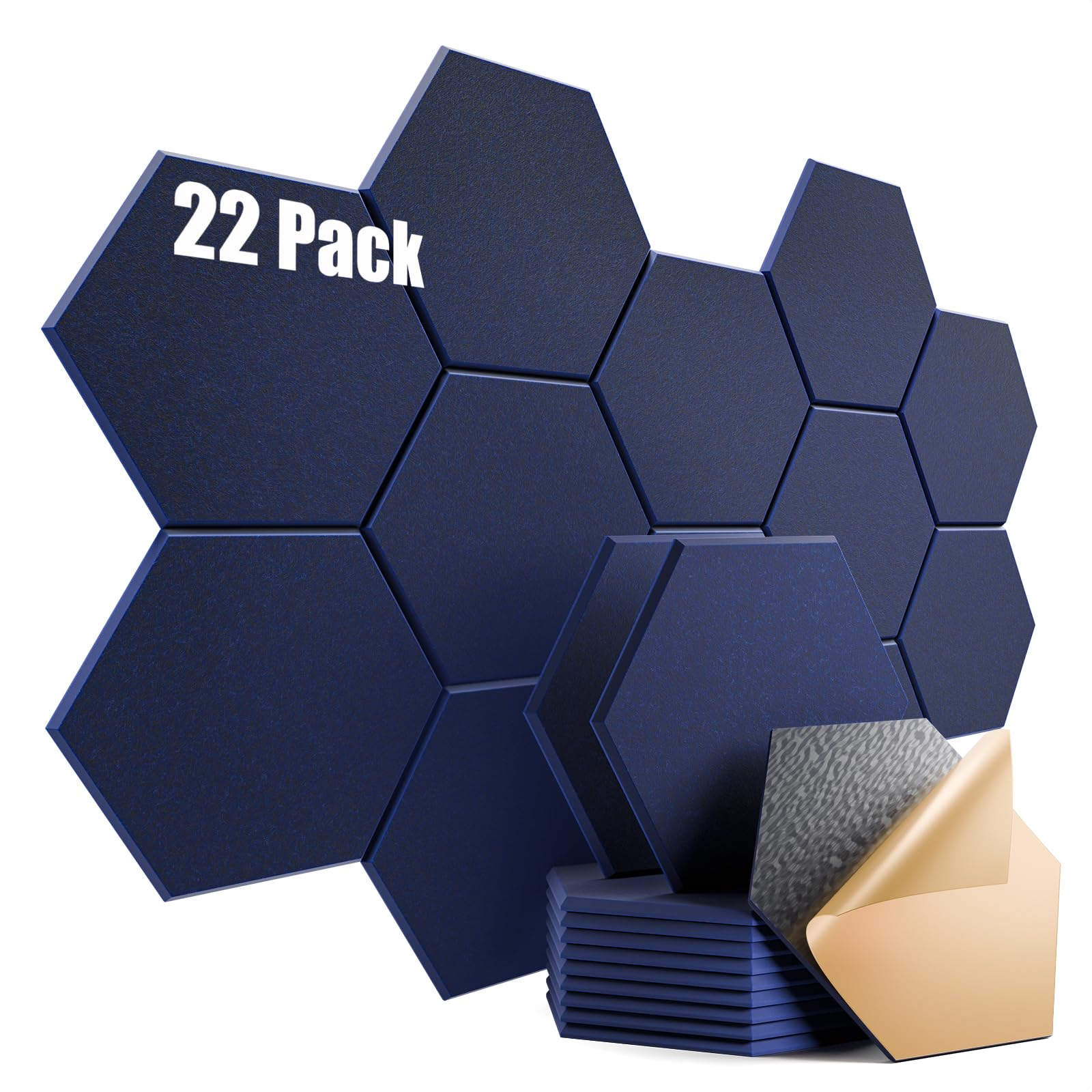 22 Pack Self-Adhesive Acoustic Panels 12" X 10" X 0.4" - Sound Proof Foam Panels with High Density, Stylish Hexagonal Design, Flame Resistant, Absorb Noise and Eliminate Echoes(Dark Blue)