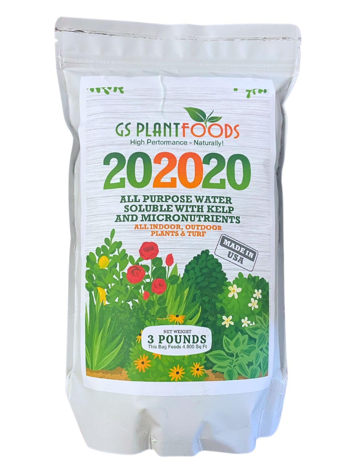 GS Plant Foods All Purpose Water Soluble 20-20-20 Fertilizer Balanced NPK Plant Food with Micronutrients, Contains Kelp (Ascophyllum nodosum) for Indoor & Outdoor Plants, Gardens & Turf (3 lbs)