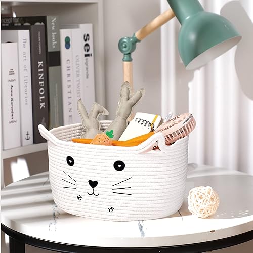 Miniatura 7 de Cesta de almacenamiento tejida para gatos, organizador con orejas decorativas para juguetes para mascotas, bonita canasta de cuerda de algodón para