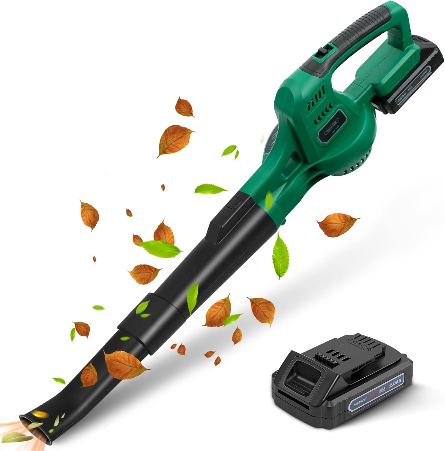 20V Cordless Leaf Blower with Battery and Charger, Leaf Blower Battery Operated, Variable Speed with 2 Tubes for Patio, Leaves Blowing-Green