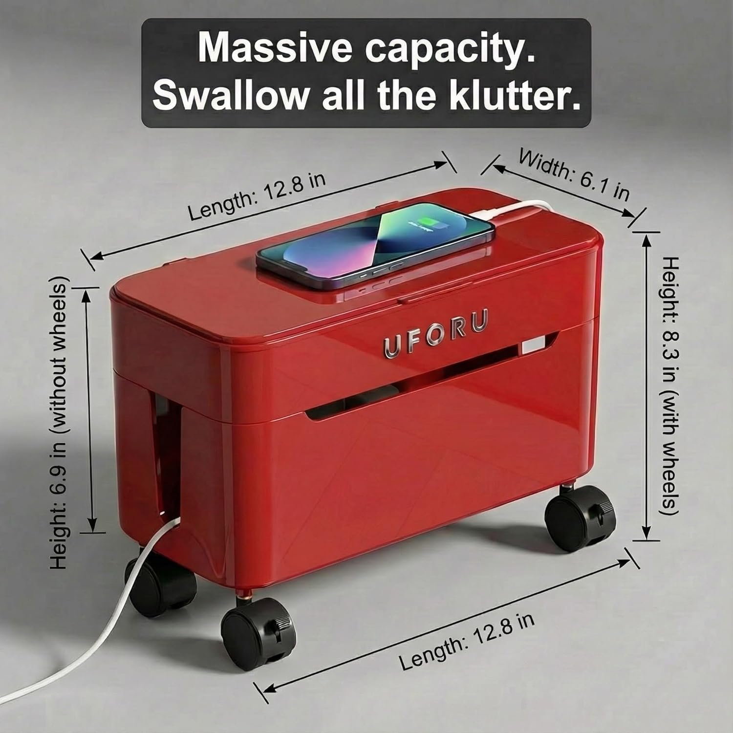 2-Tier Rolling Cable Management Box with Wheels (Large) – Mobile Power Strip Hider & Cord Organizer – Under Desk Wire Concealer & Charging Station Organizer – Baby & Pet Proof Safety (Retro Red)