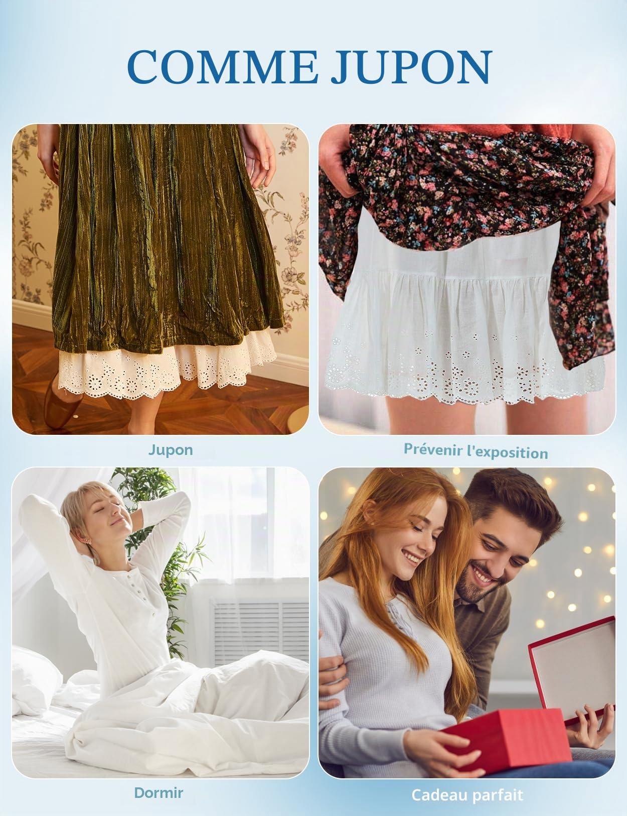 BEAUTELICATE Jupon sous-Jupe sous-Robe Lingerie en Pur Coton avec Volant Broderie Anglaise Ample Grande Taille De Femme Fille Été Mi-Longue Longue Ivoire