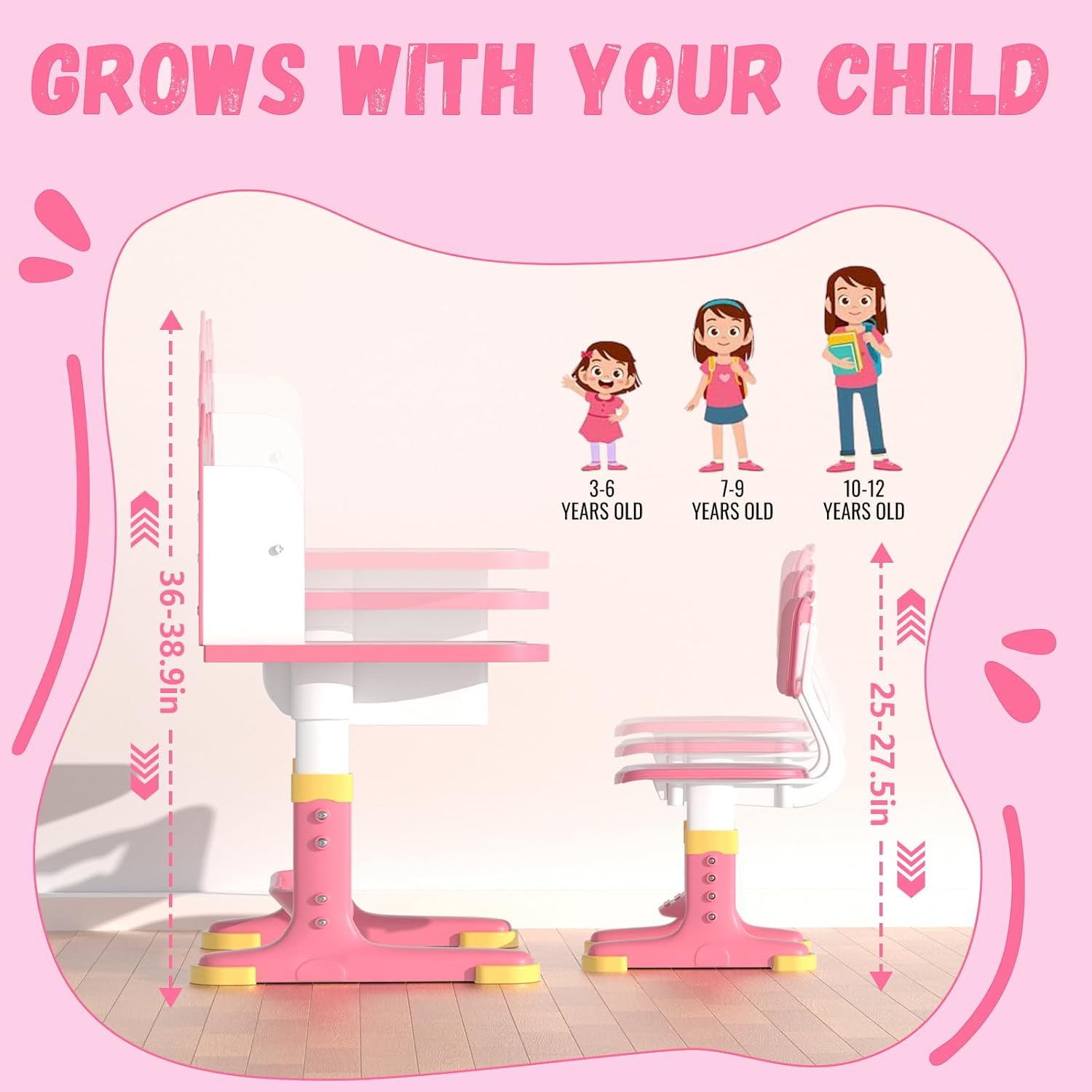 Kids Study Desk and Chair Set - Height Adjustable Study Writing Table with Bookstand and Storage Drawer, Child's School Study Writing Tables Ergonomic Widened Desktop Art Desk for Boy & Girl (Pink)