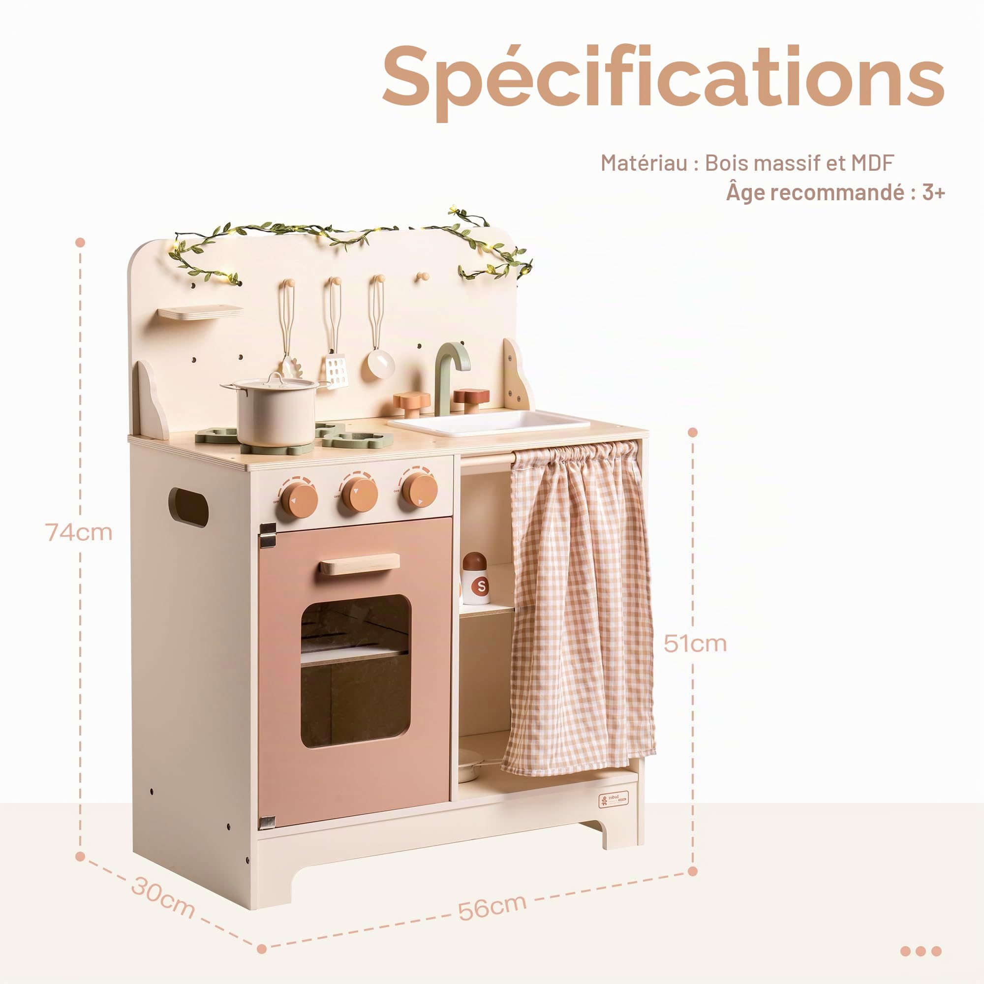 ROBOTIME Cuisine Enfant en Bois Rose Crème avec Four, Évier et Tablier | Jeu d’Imitation Dès 3 Ans avec Guirlande Lumineuse, Ustensiles, Rangement et Accessoires pour Petits Chefs