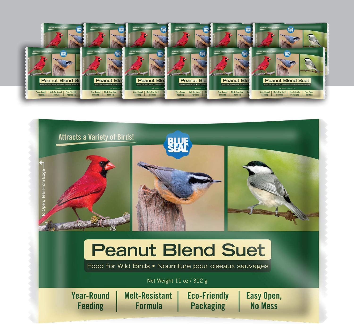 Blue Seal Peanut Blend Suet Cakes for Wild Birds - No Mess Suet Feed, Food for Woodpeckers, Cardinals, Siskins, Sparrows & More - 11oz Suet Feeder, Bird Seed Cakes (Pack of 12)