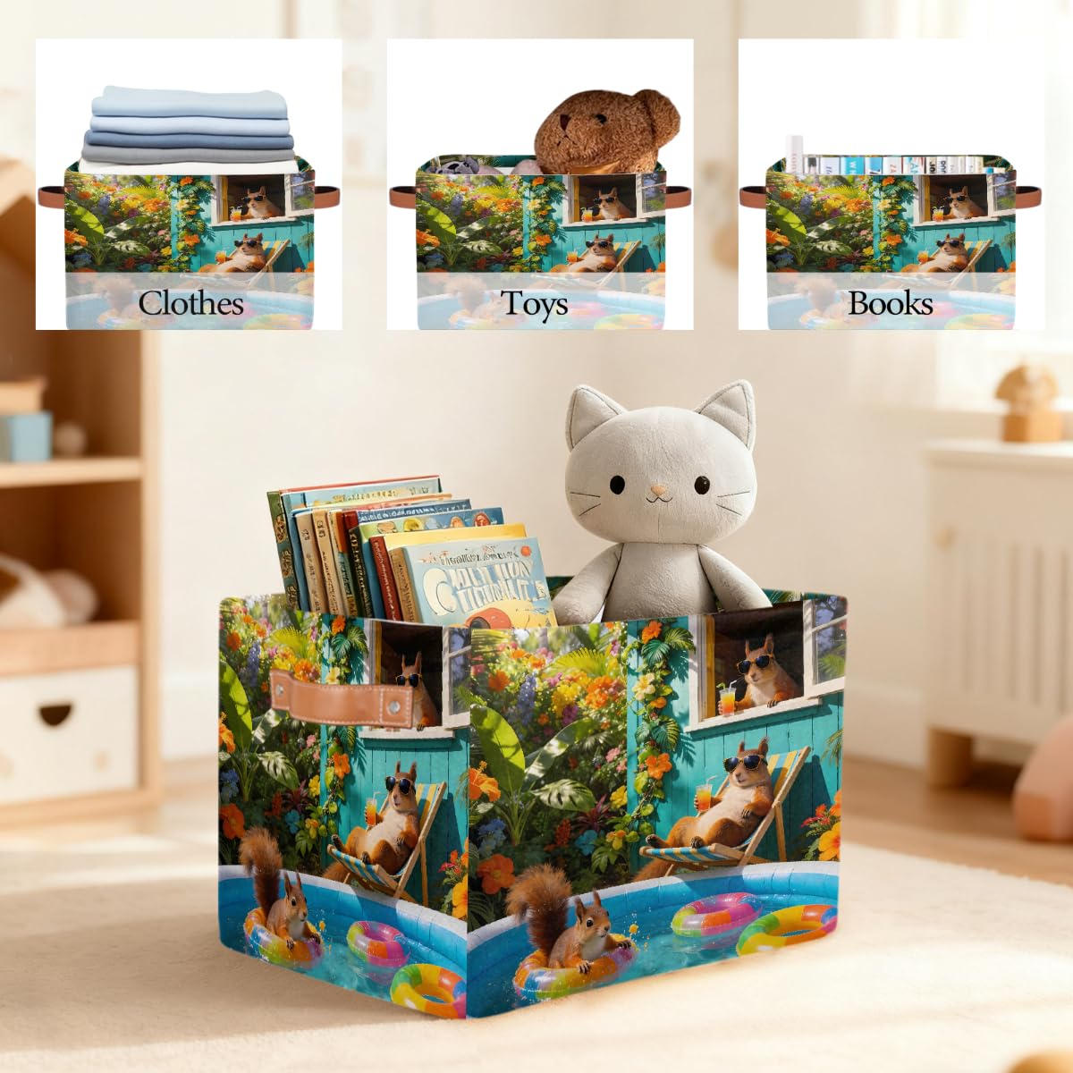 Lustiger Sommer-Eichhörnchen-Aufbewahrungskorb mit Ledergriffen, faltbarer Stoff-Aufbewahrungskorb für Schrank, Badezimmer, Wohnzimmer, Büro, Spielzeug, Organizer, Wäschekorb, 2 Stück